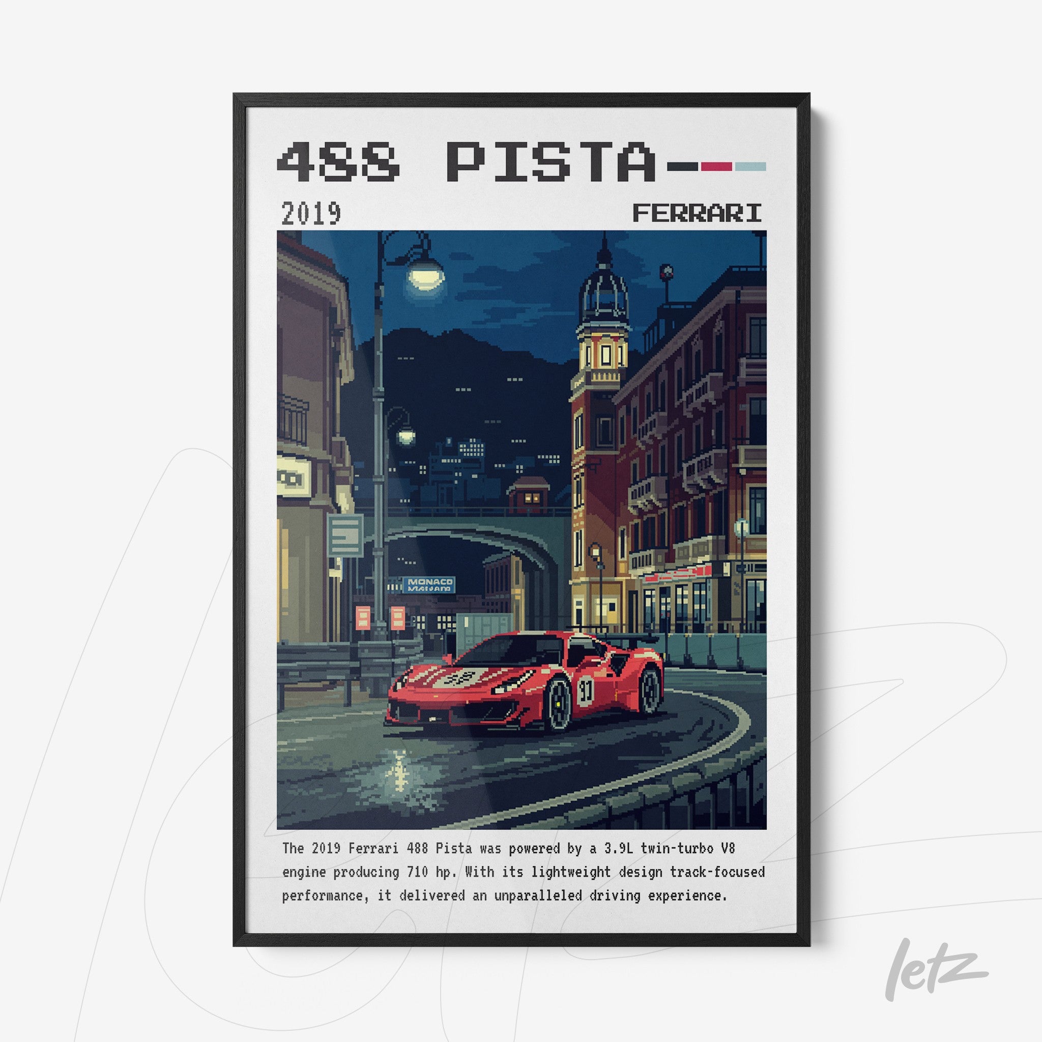 quadro com ilustração em pixel art do carro Ferrari 488 Pista em tom vermelho, exibido em moldura preta com um fundo urbano à noite