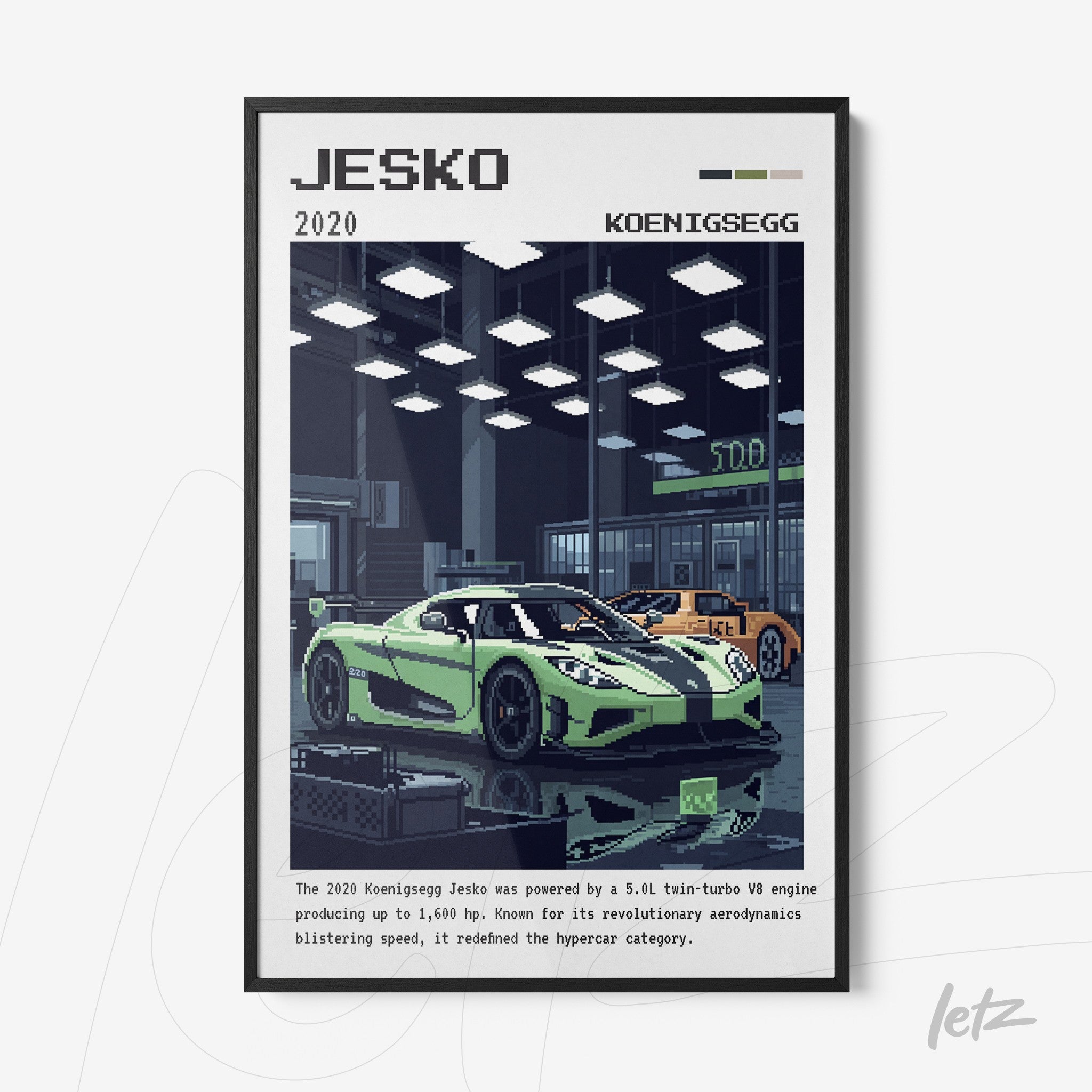 quadro com arte digital de carro Jesko em moldura preta, apresentando um fundo de garagem moderna e iluminação dramaticamente destacada