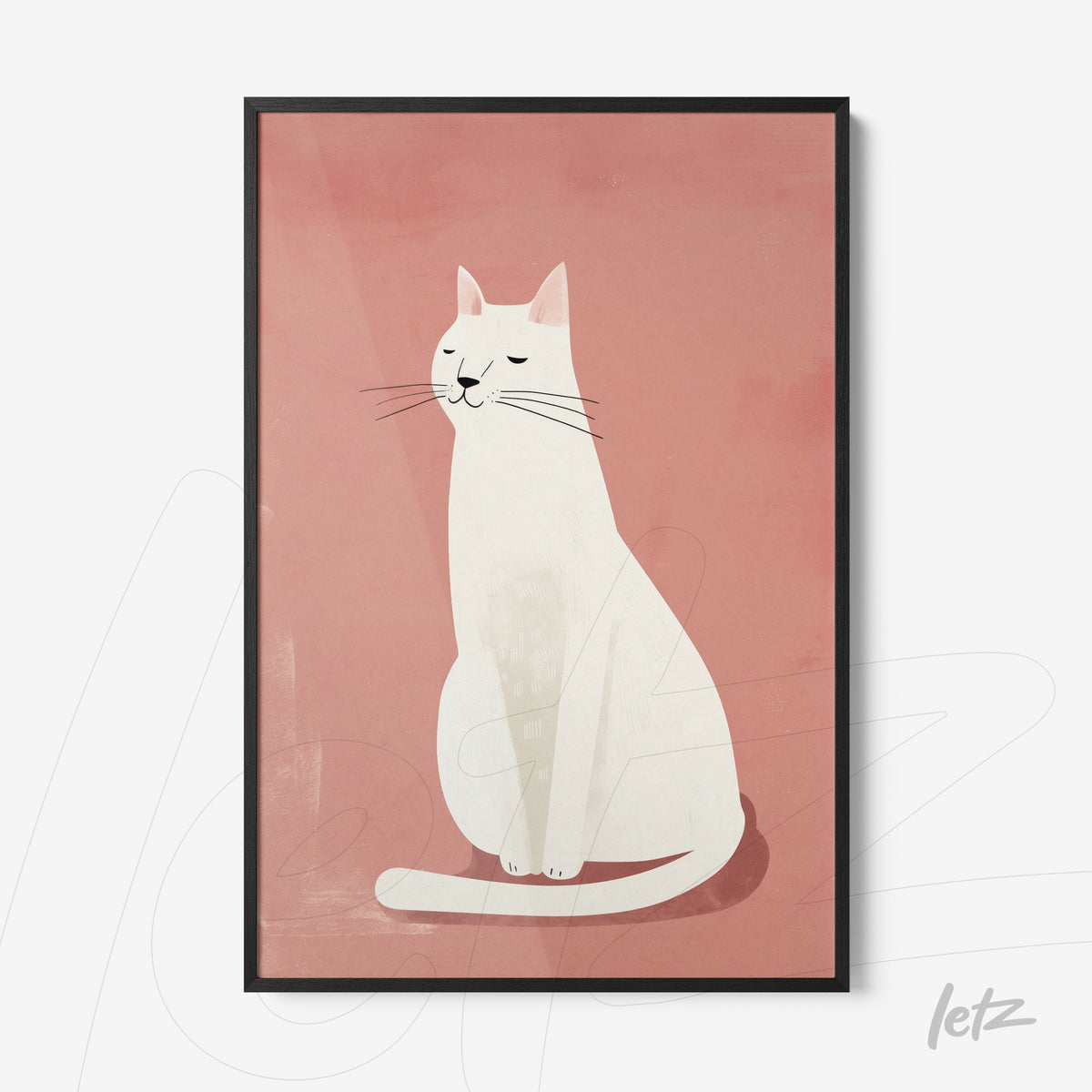 quadro com ilustração minimalista de gato branco sobre fundo rosa, moldura preta