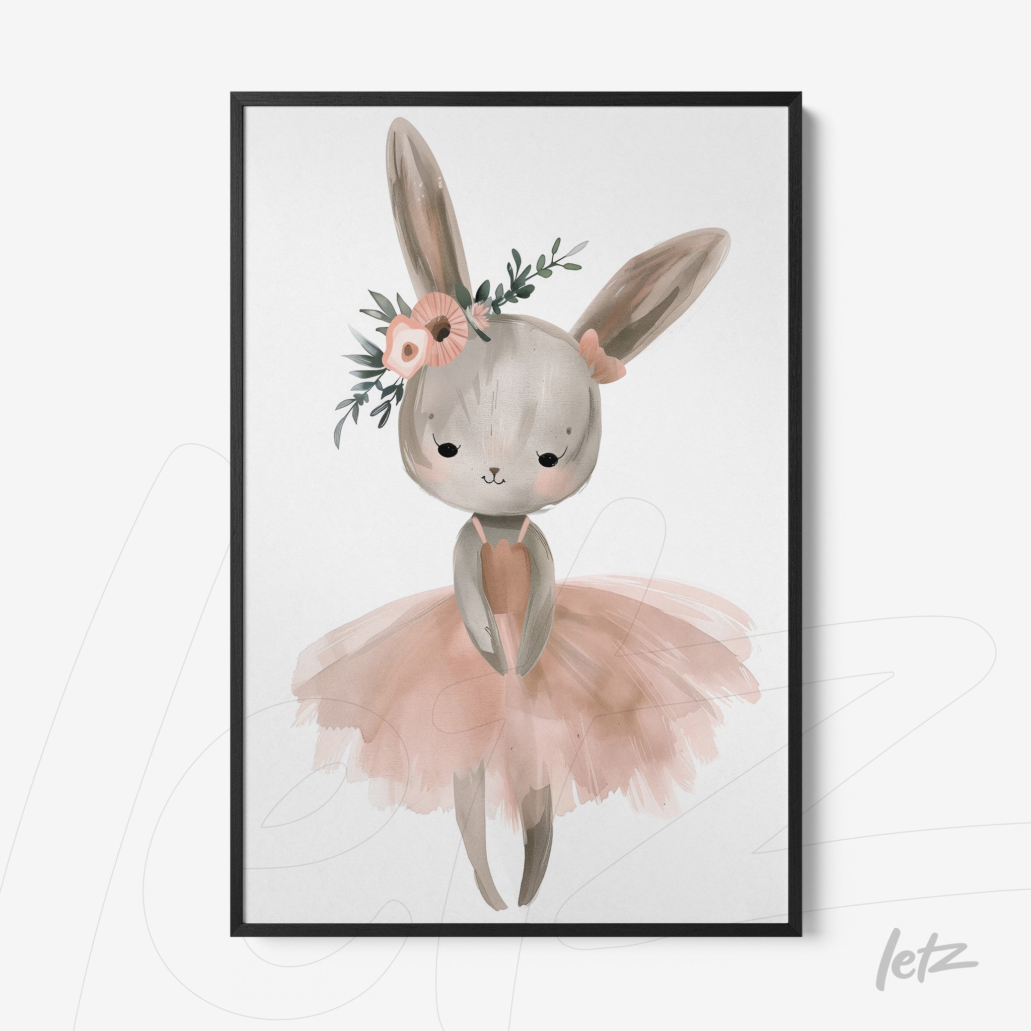 quadro com ilustração de coelho ballet em tons suaves, vestindo saia rosa e flores na cabeça, em moldura preta