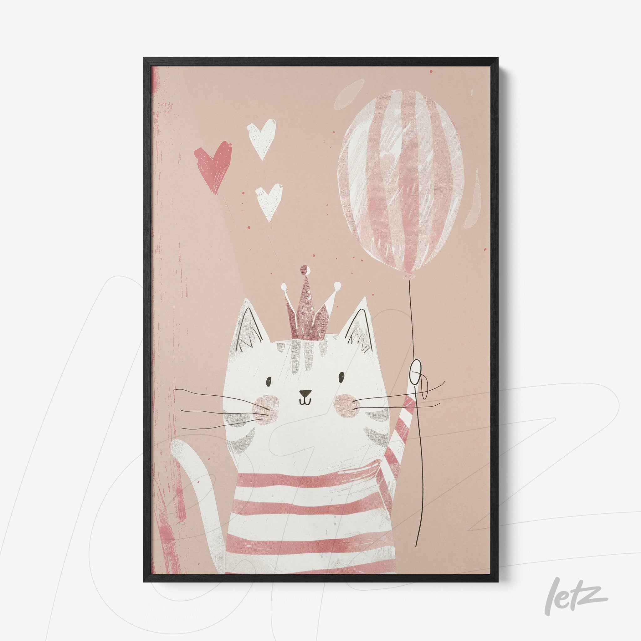 quadro com ilustração de gato divertido segurando balão em fundo rosa claro e moldura preta