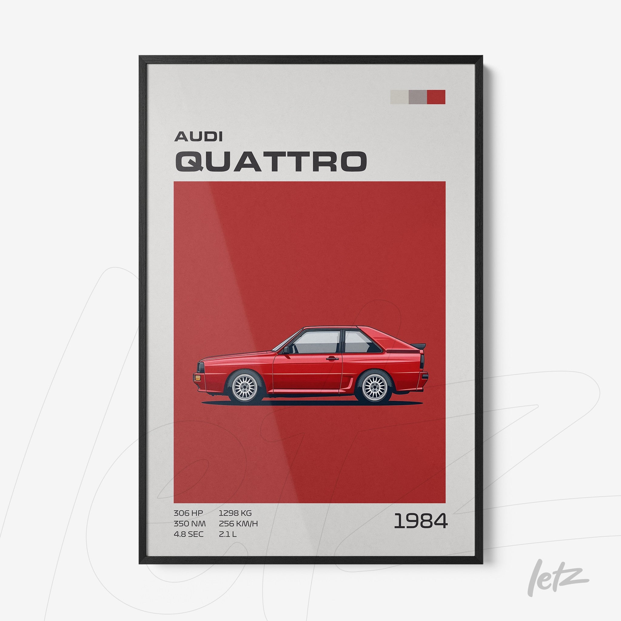 quadro com ilustração do carro Audi Quattro em fundo vermelho e moldura preta