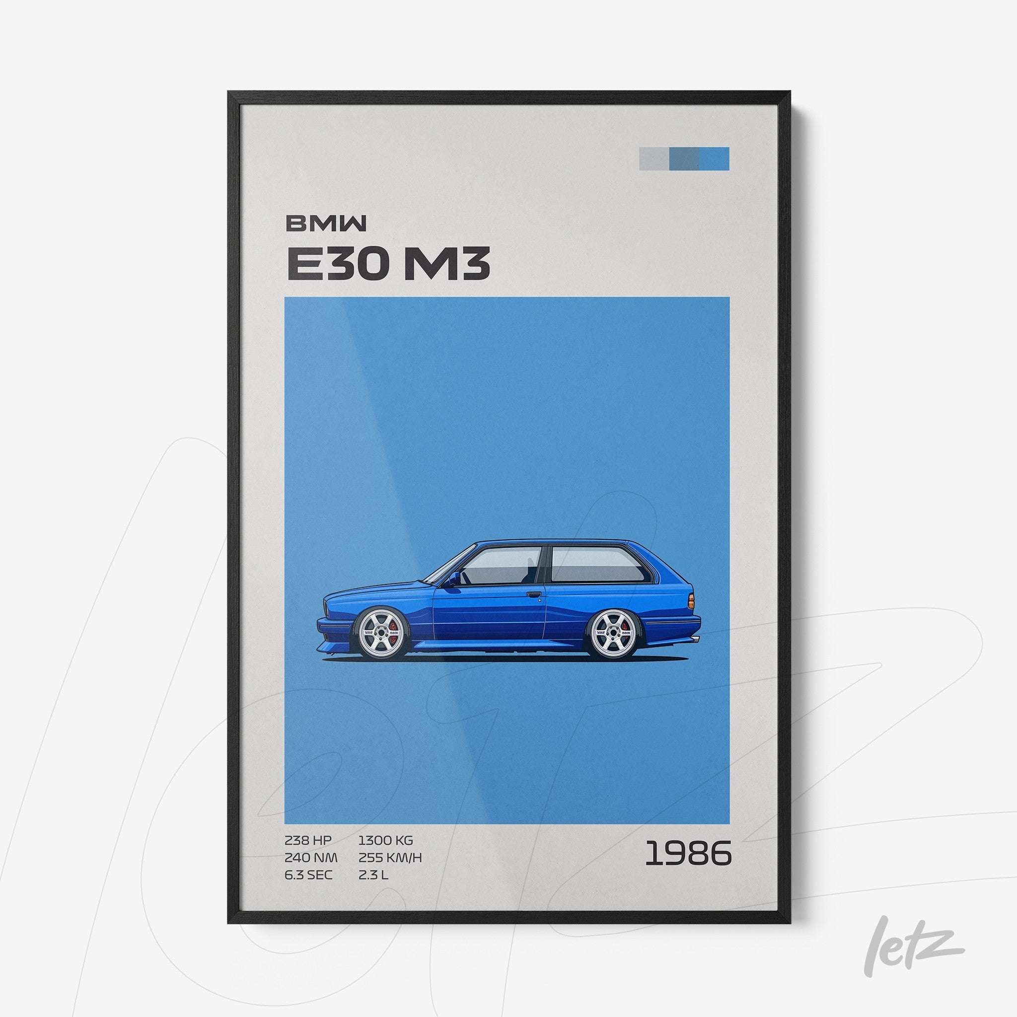 quadro com ilustração estilizada do BMW E30 M3 em fundo azul, destacando detalhes do carro e placas informativas