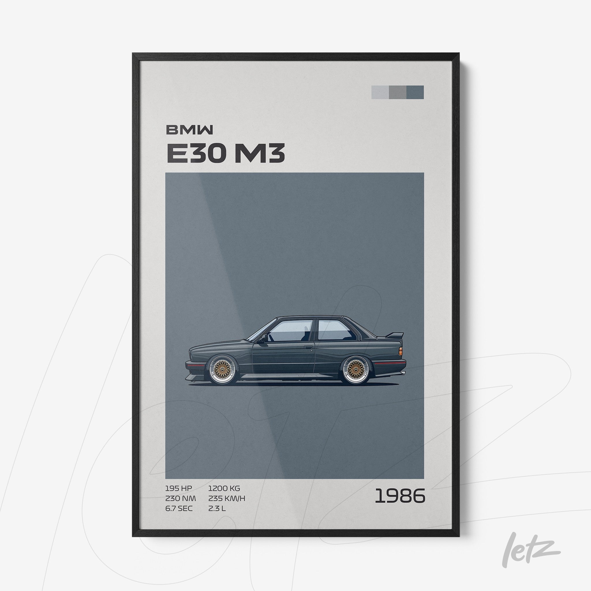 quadro com ilustração do carro BMW E30 M3 em fundo azul e moldura preta