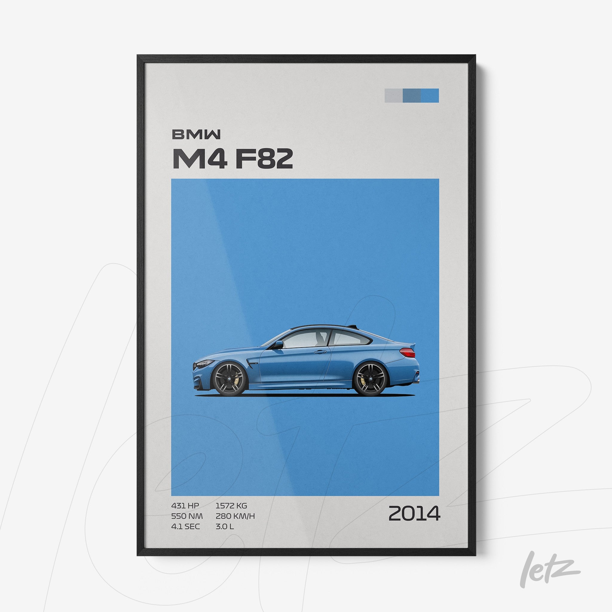 quadro com arte gráfica do carro BMW M4 F82 em fundo azul com moldura preta