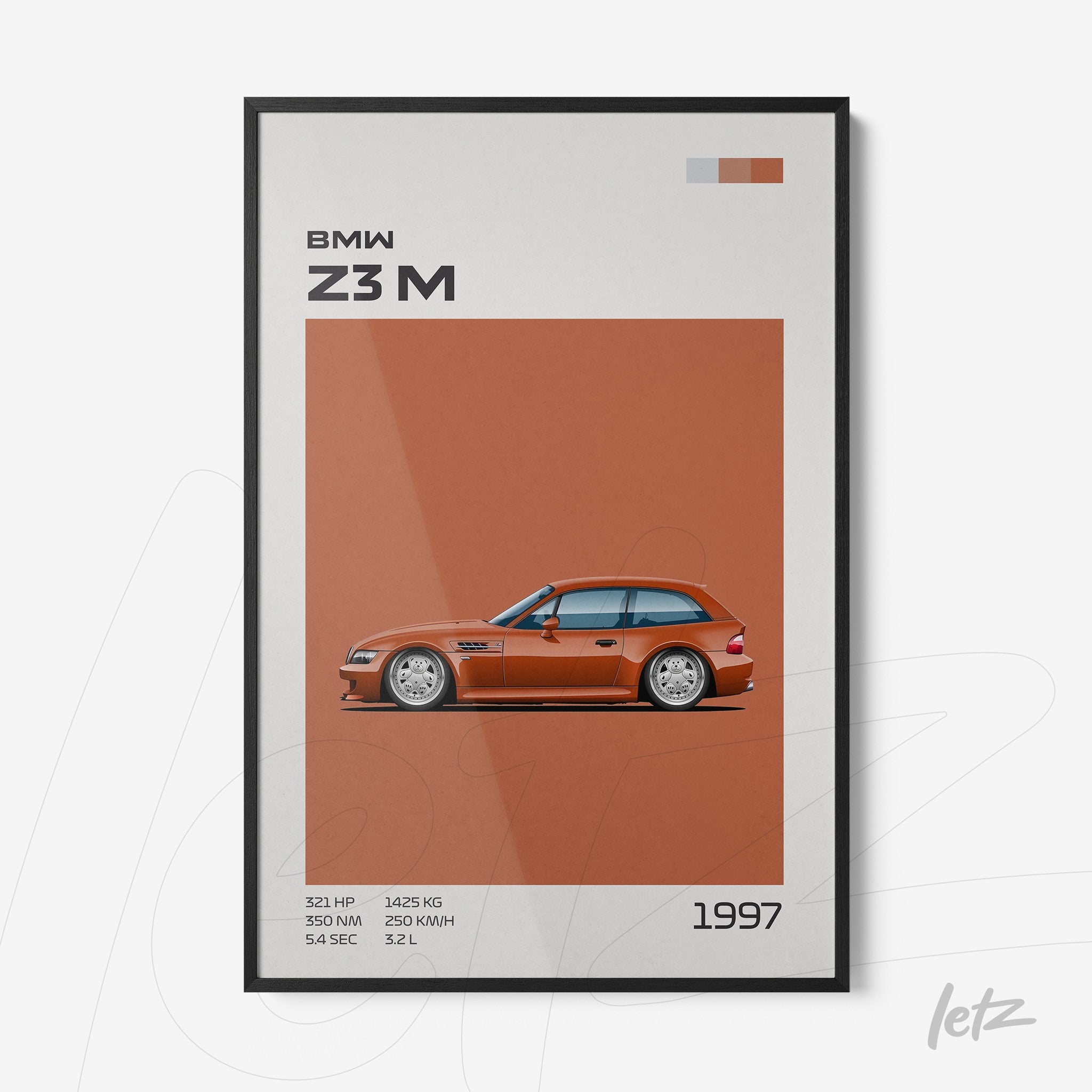 quadro com arte minimalista do carro BMW Z3M em moldura preta com fundo laranja