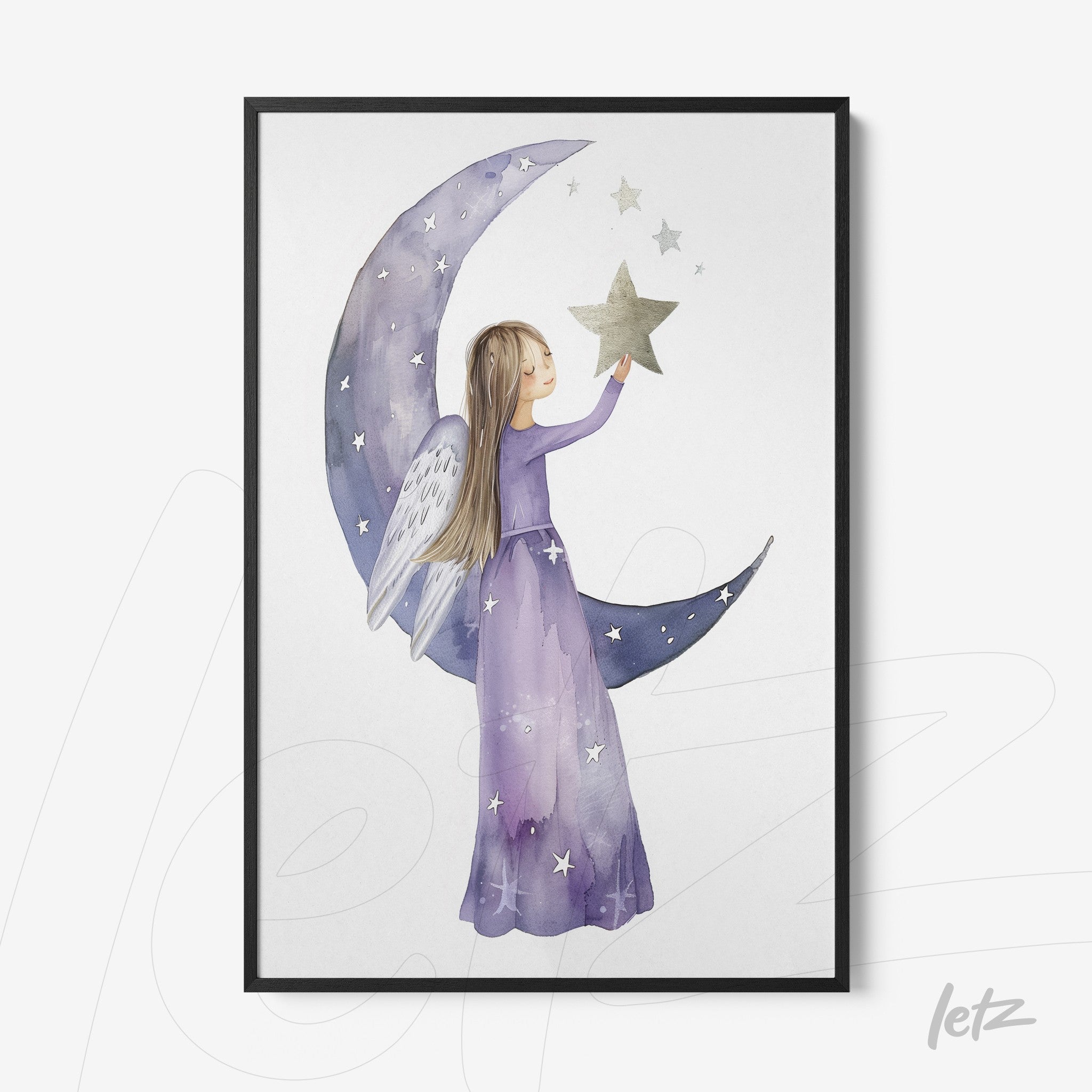 quadro com ilustração de menina anja segurando uma estrela na frente de uma lua crescente, com fundo suave em tons de roxo e azul