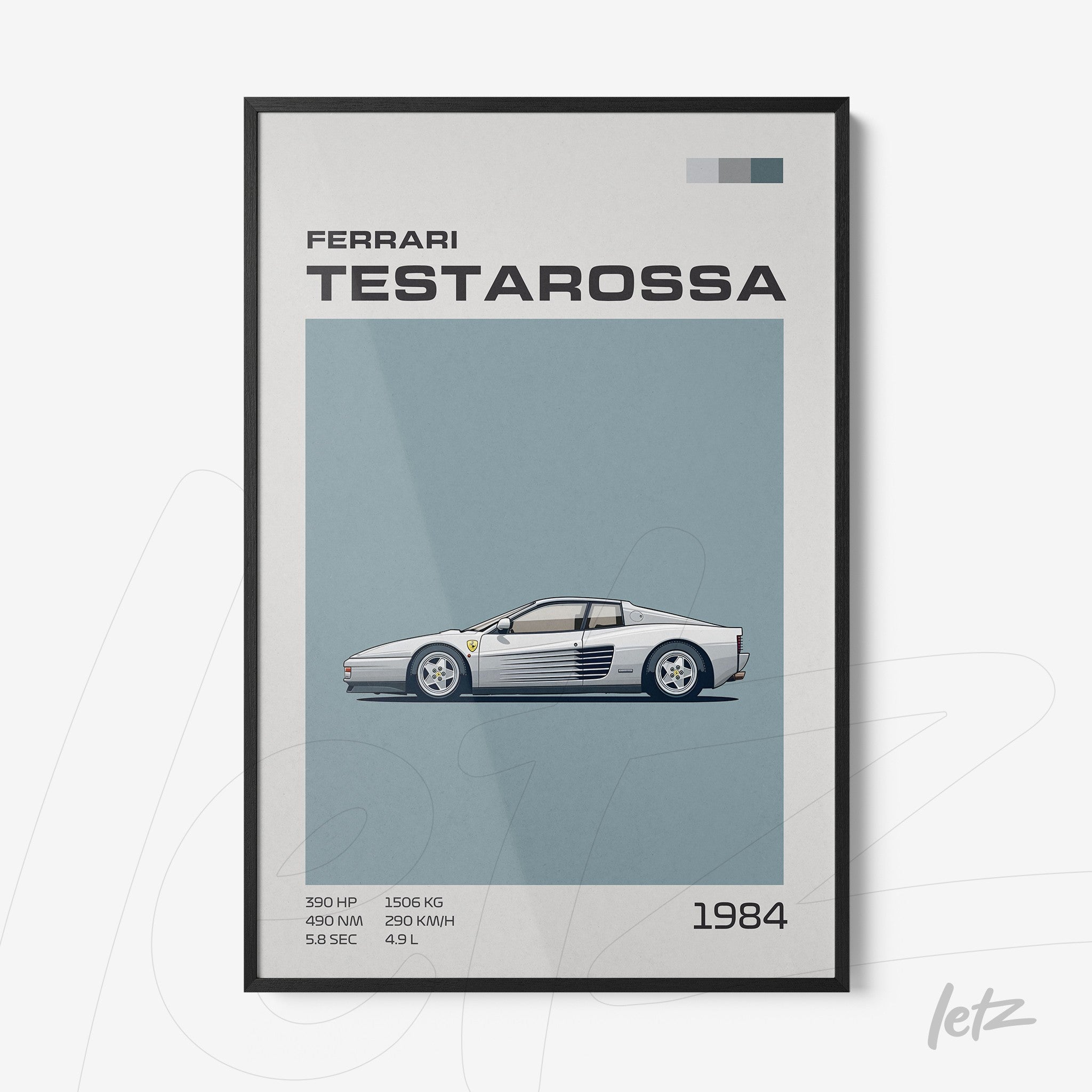 quadro com ilustração minimalista de um Ferrari Testarossa em fundo azul claro e moldura preta