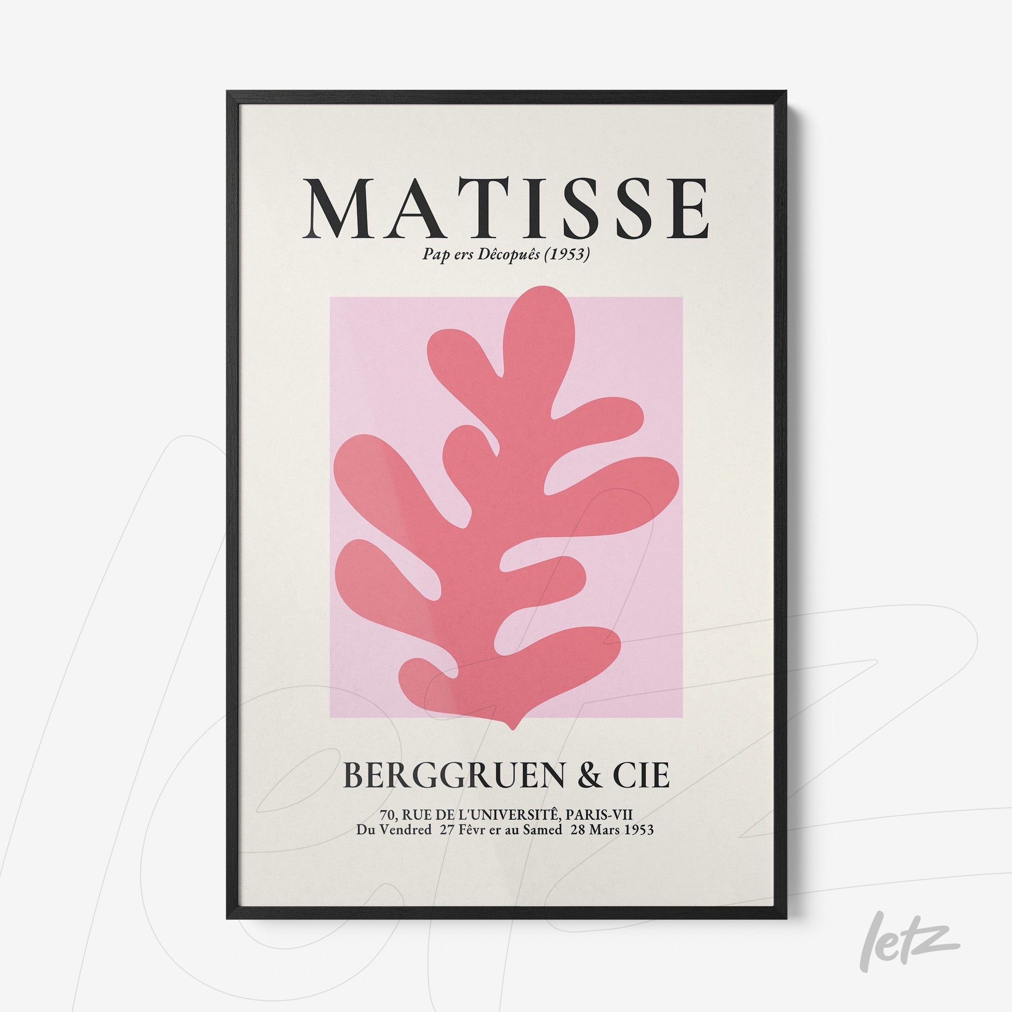 quadro com arte abstrata em rosa e fundo claro, moldura preta, inspirado por Matisse