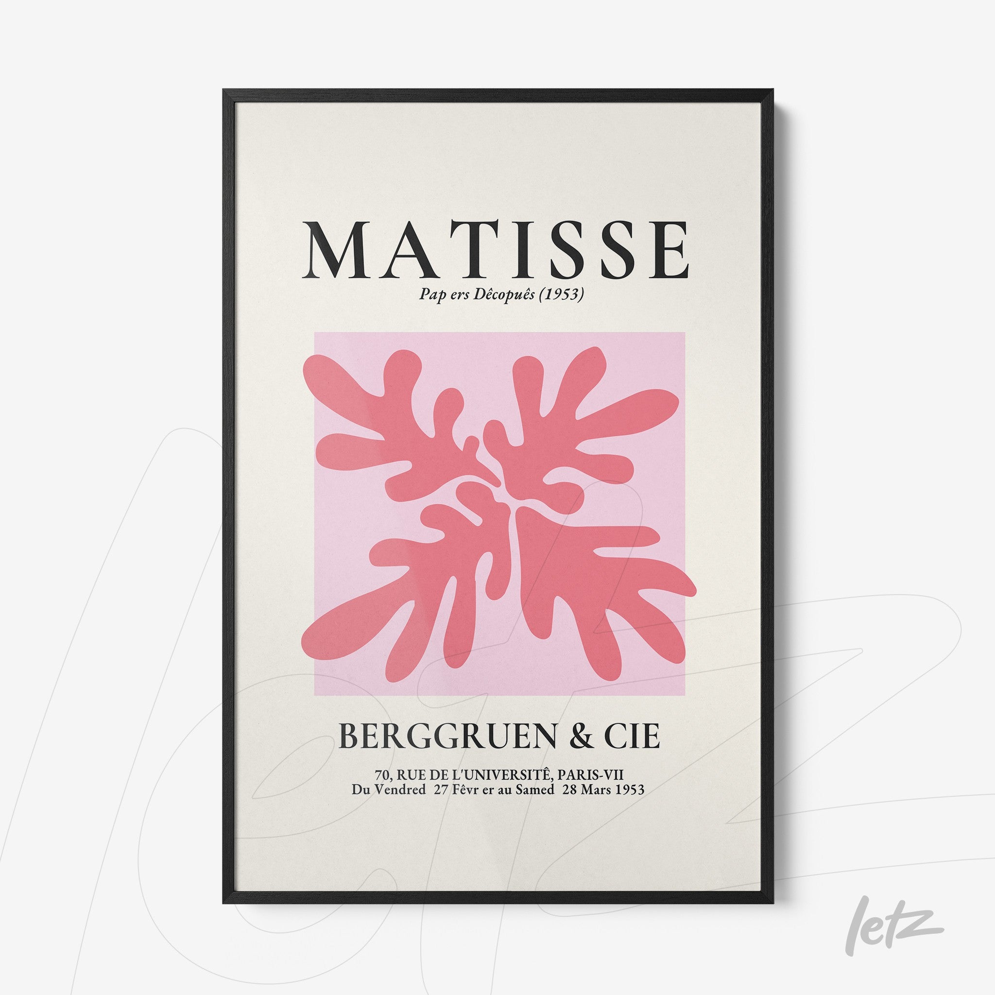 quadro com arte abstrata em tons de rosa inspirada em Matisse, moldura preta fina