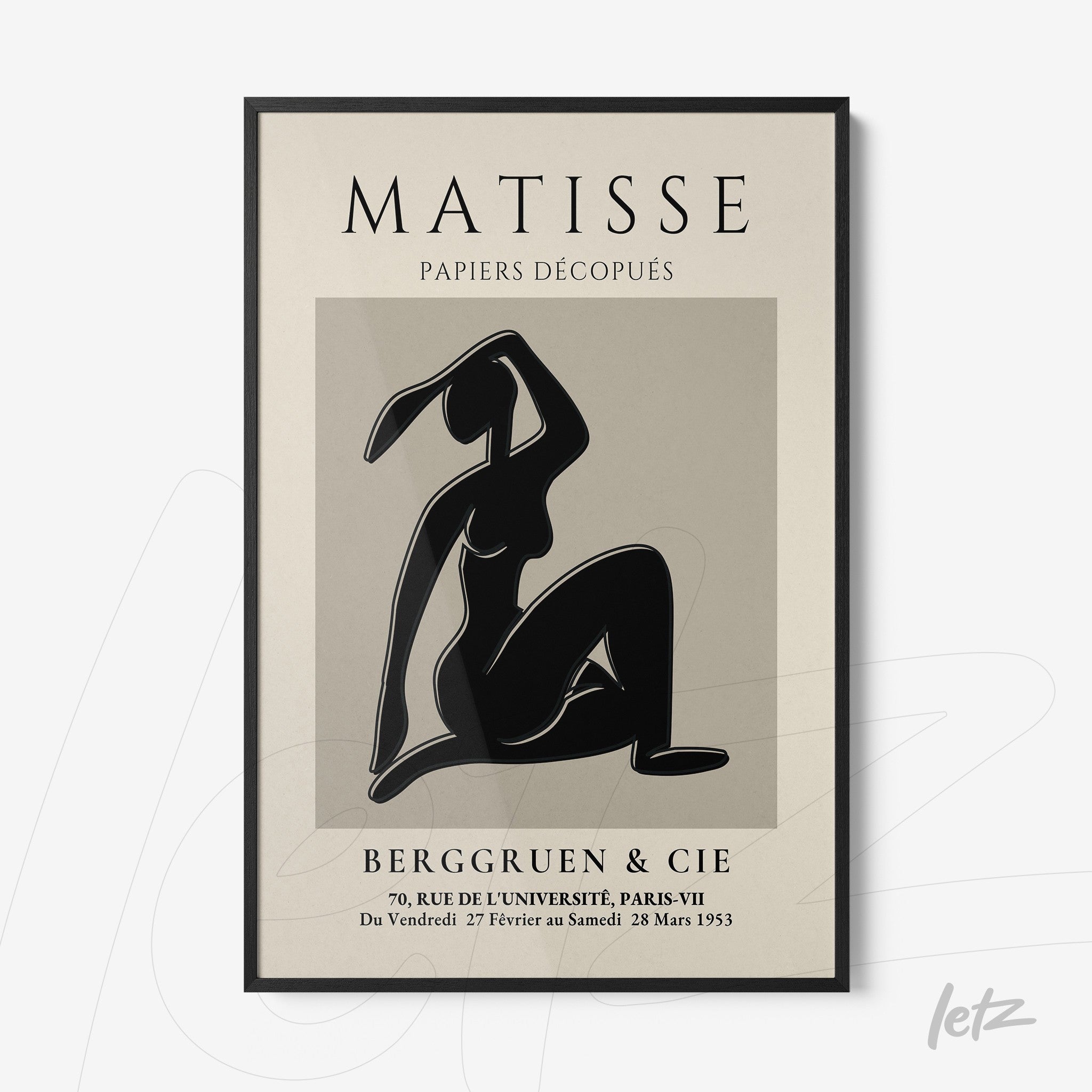 quadro com arte estilizada em preto e branco inspirada em Matisse, moldura preta fina