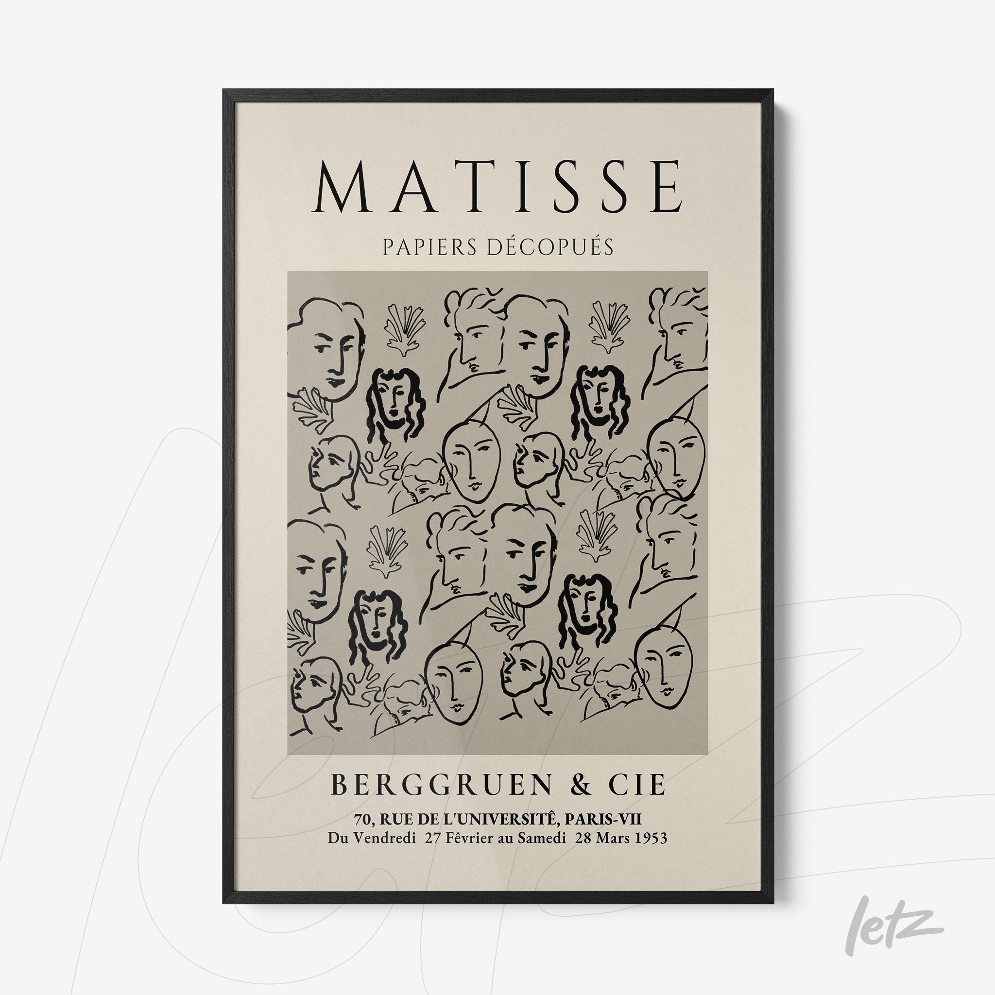 quadro com arte em estilo minimalista apresentando rostos lineares em fundo cinza, moldura preta