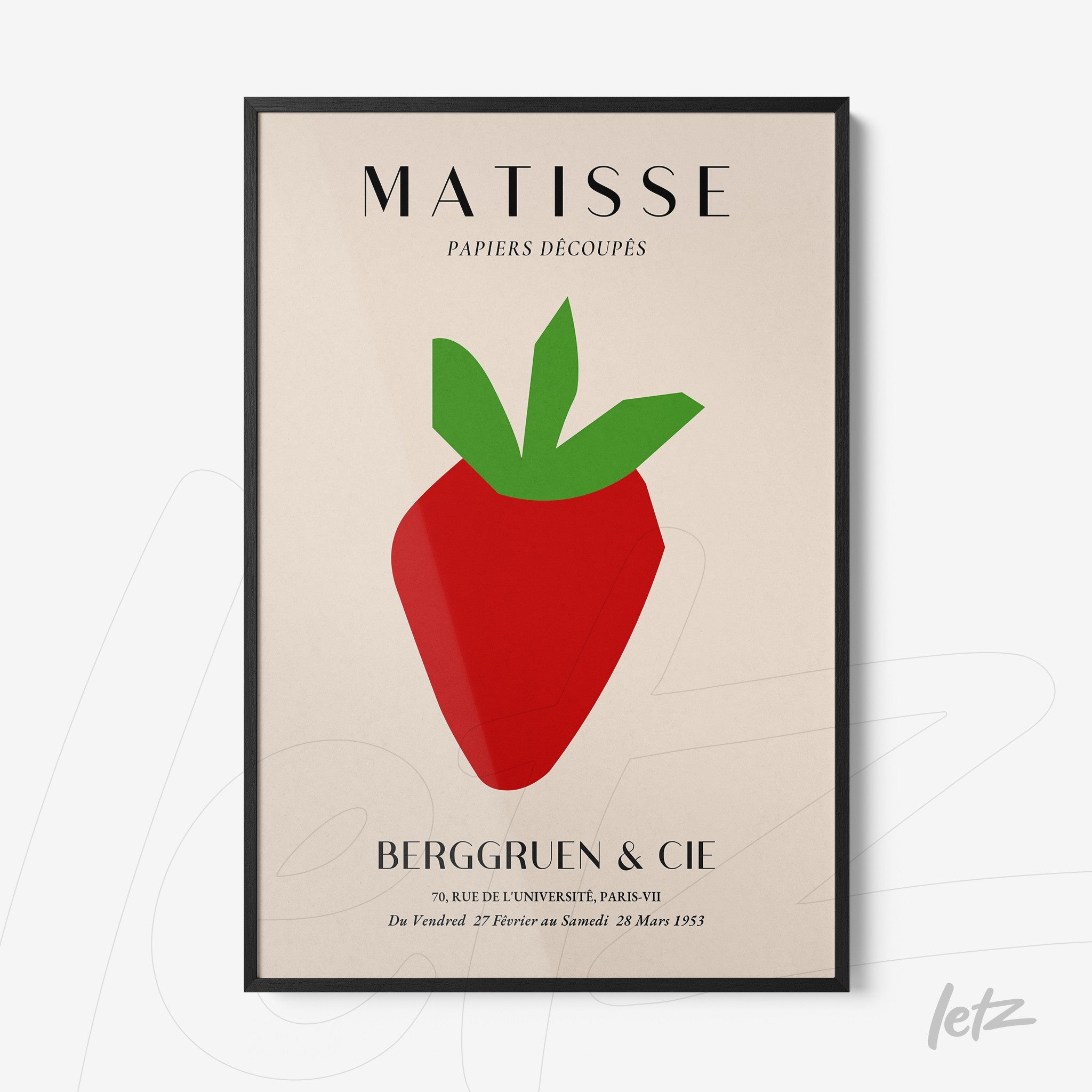 quadro emoldurado com arte de uma morango estilizado em cores vibrantes sobre fundo claro, inspirado em Matisse