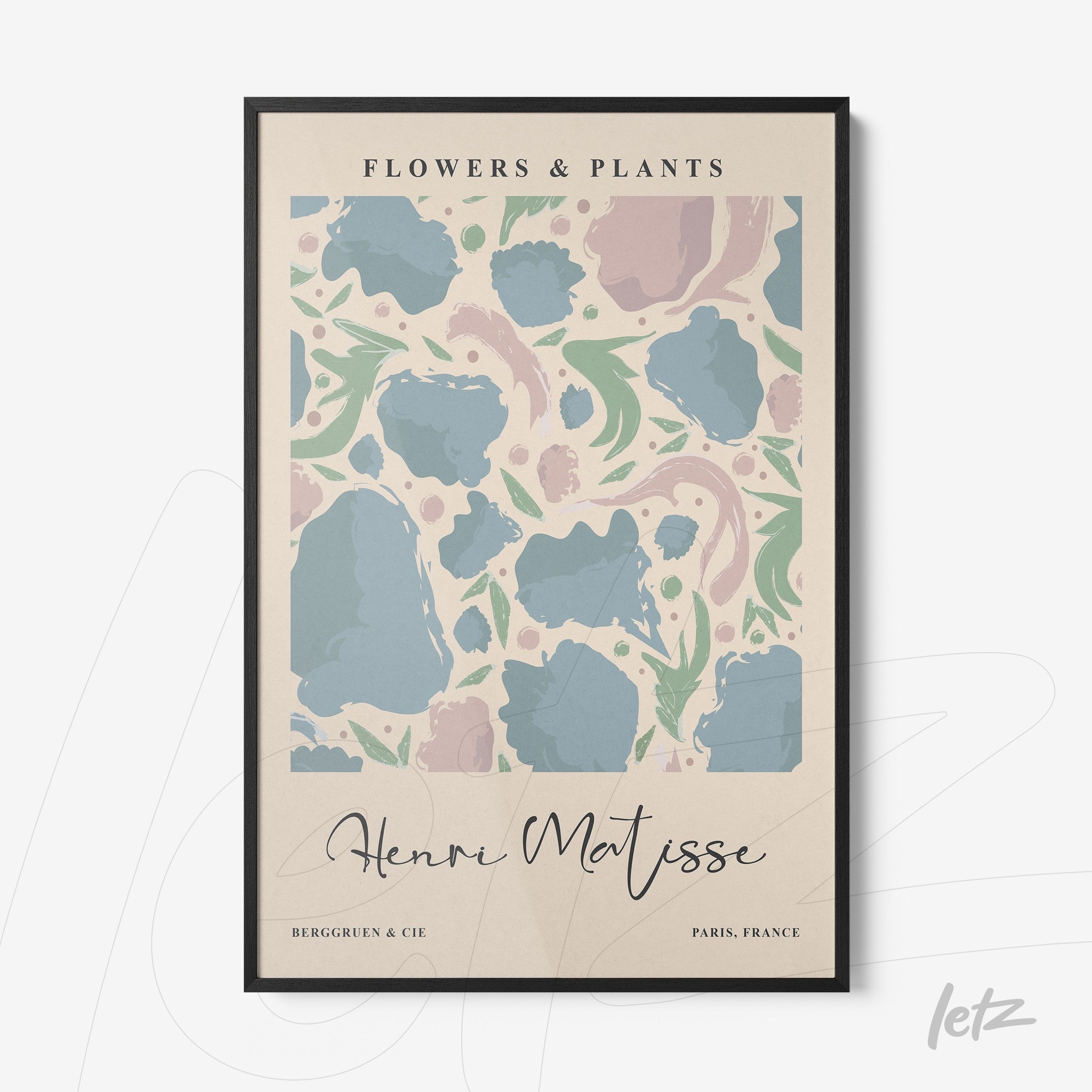 quadro com arte abstrata de flores e plantas em moldura preta com fundo claro e texto em estilo elegante