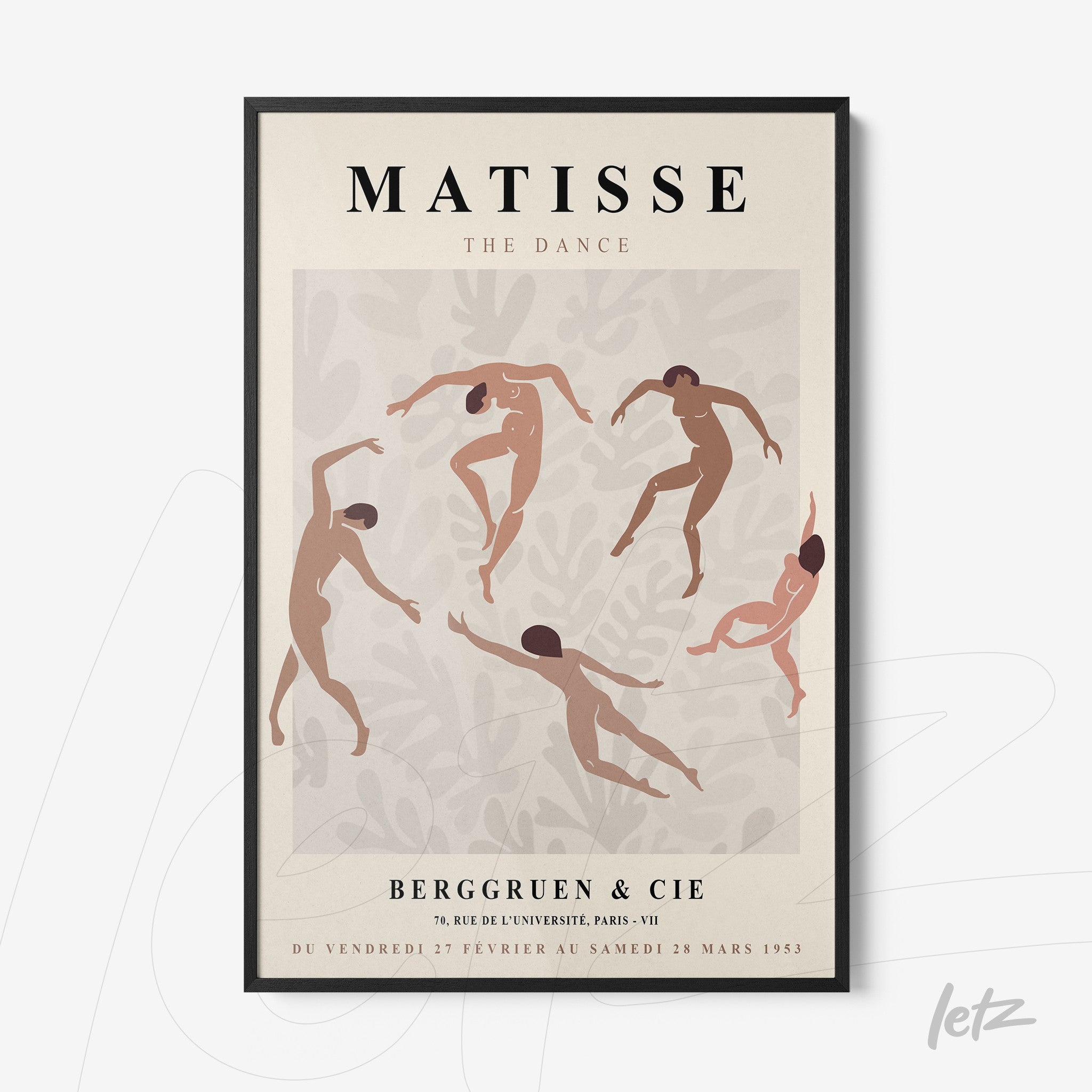 quadro de arte moderna com ilustrações de dançarinos em tons terrosos, moldura preta