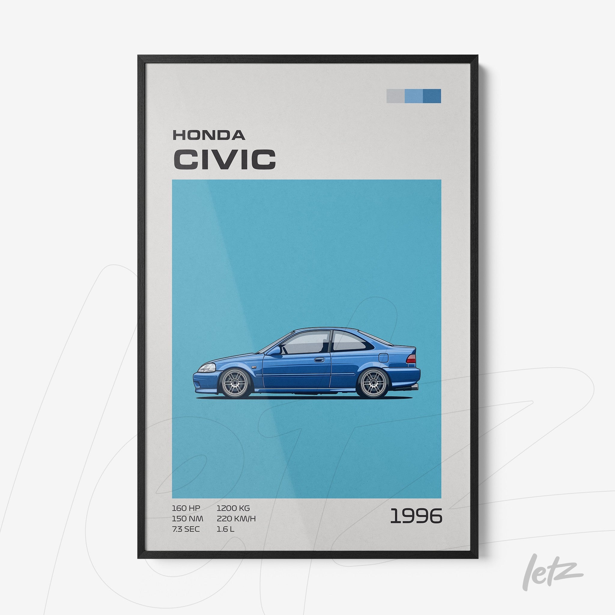 quadro com ilustração estilizada do Honda Civic 1996 em fundo azul claro e moldura preta