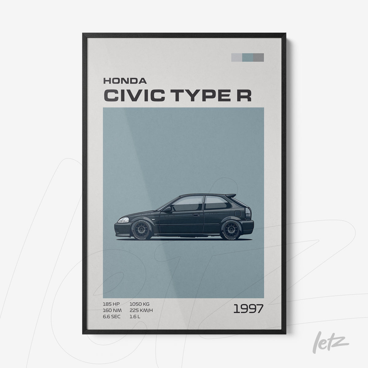 quadro emoldurado com ilustração de um Honda Civic Type R 1997 em fundo claro, destacado com dados técnicos em texto ao lado