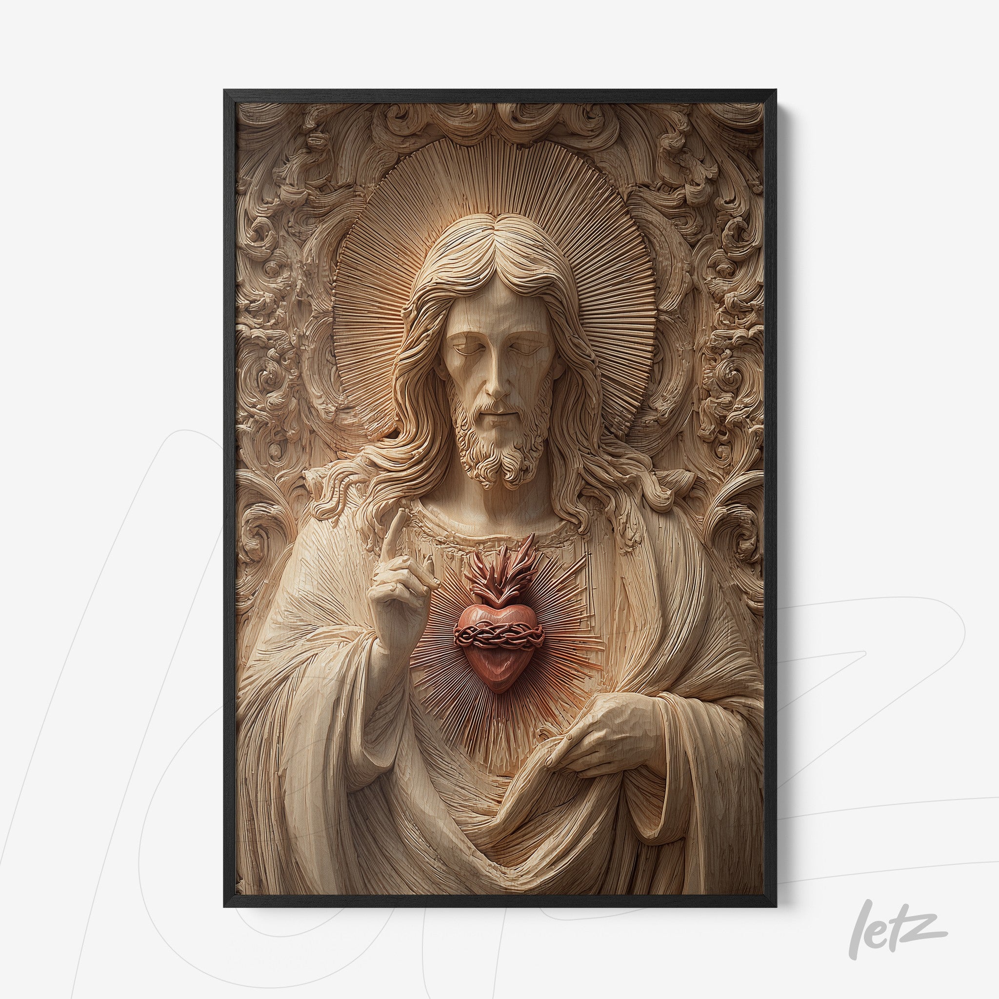 quadro decorativo com figura de Jesus com coração sagrado em detalhe esculpido e moldura preta