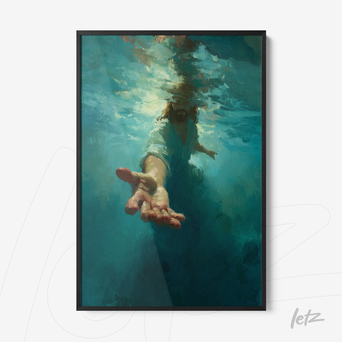 quadro em moldura preta com arte digital de uma mão emergindo da água em tons de azul