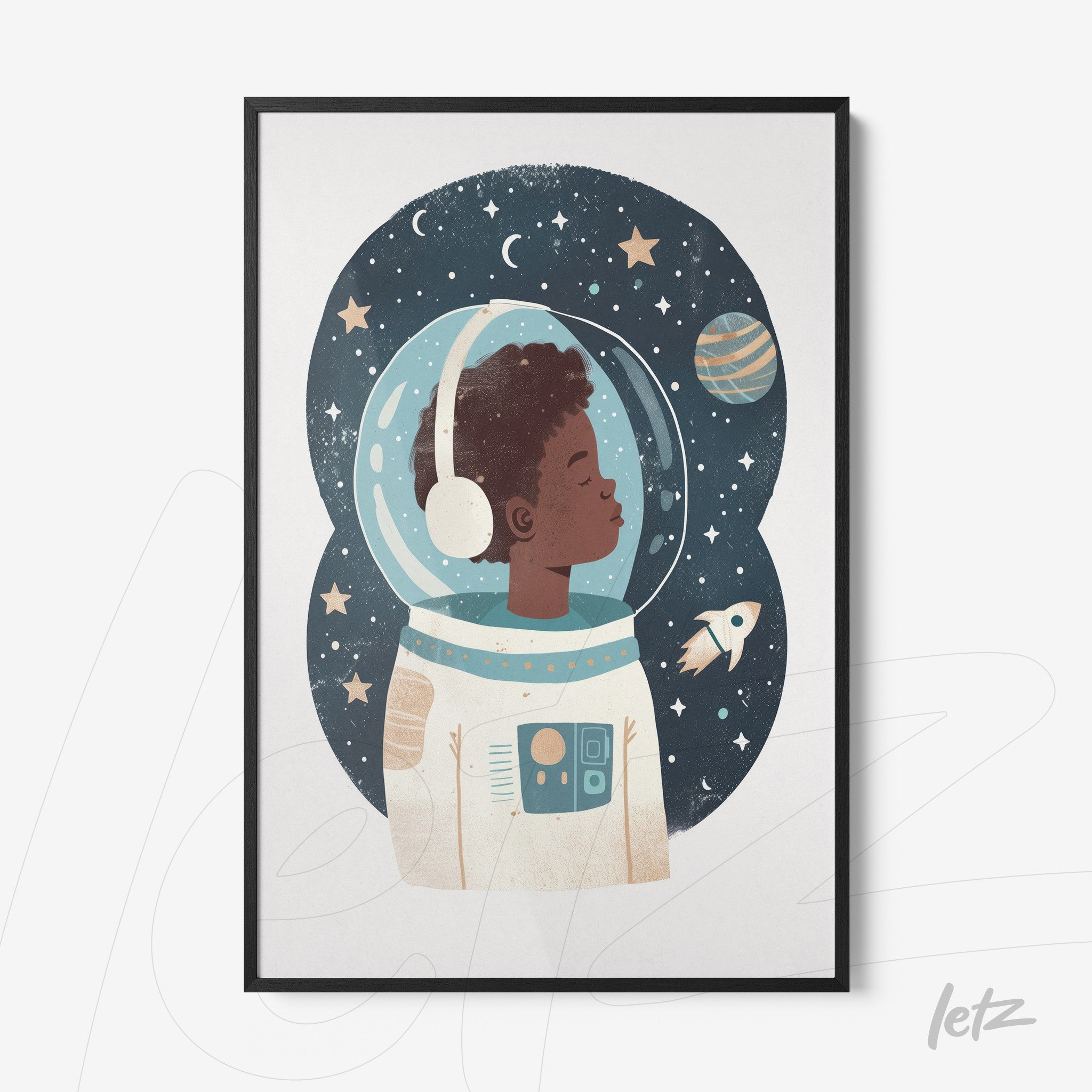 quadro com ilustração de menino astronauta em fundo espacial com estrelas e planetas, moldura preta