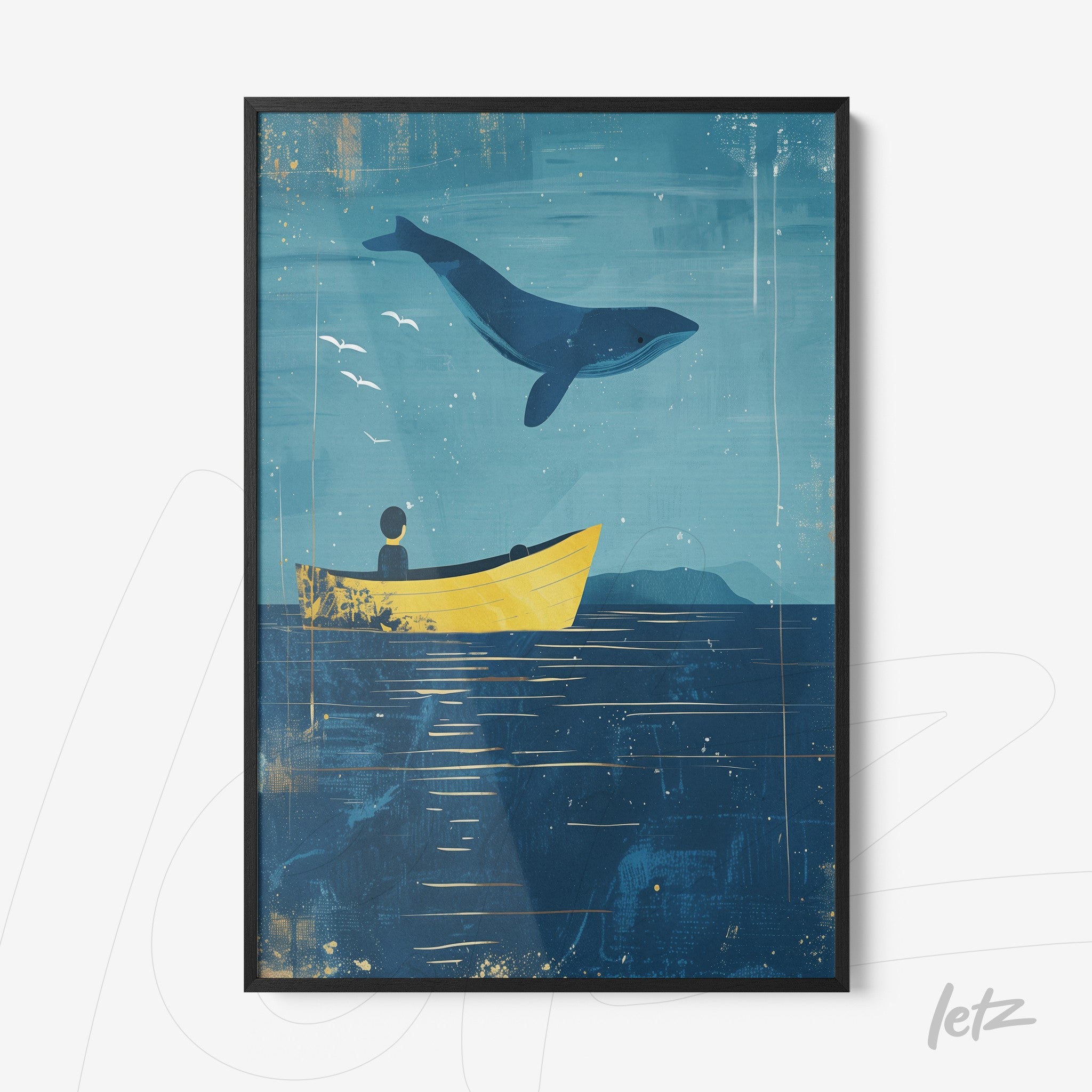 quadro com ilustração artística de um barco amarelo em mar azul, com figura de uma pessoa olhando para uma baleia saltando ao fundo sob céu claro