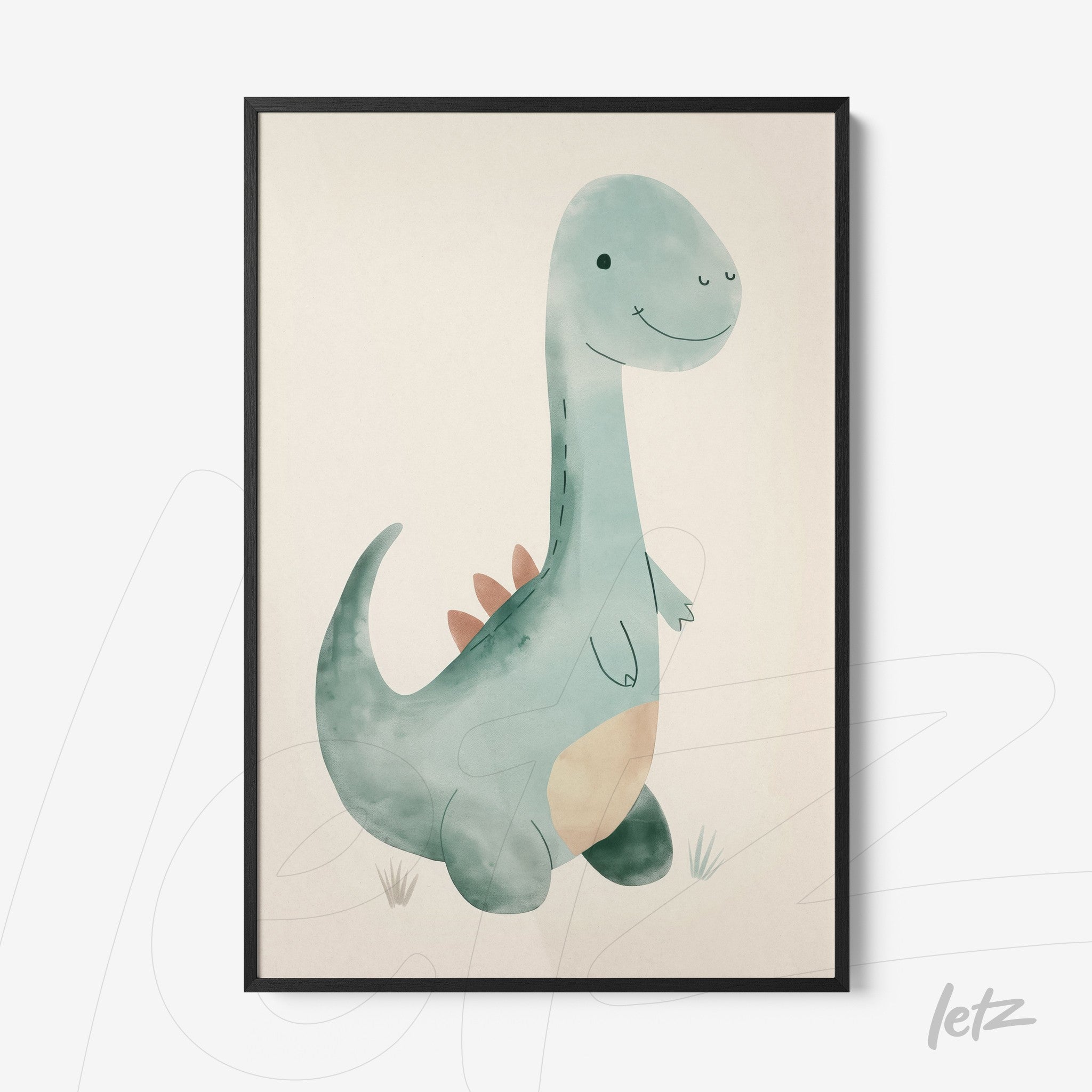 quadro com arte infantil de um dinossauro fofo em moldura preta