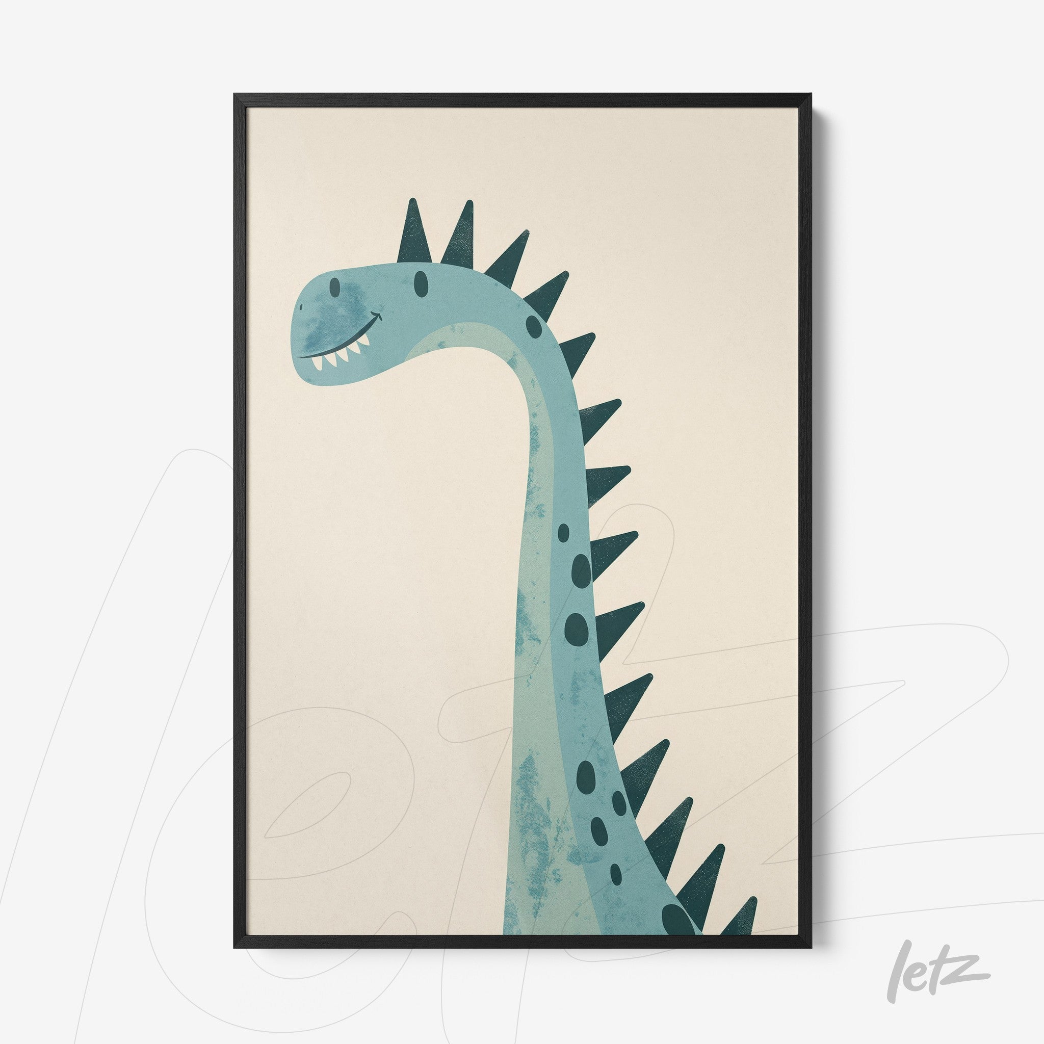 quadro com arte de dinossauro em estilo infantil, moldura preta, fundo claro