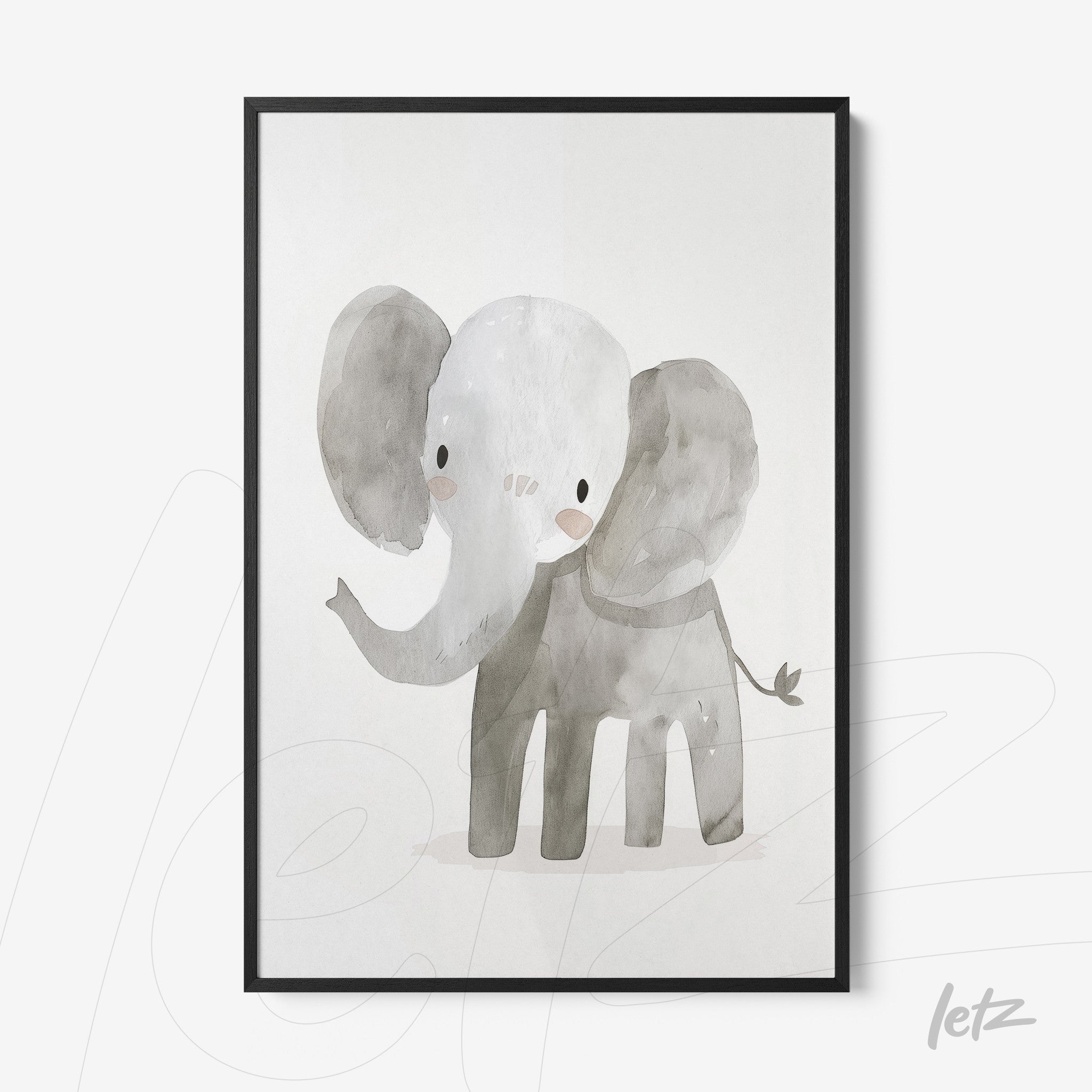 quadro com ilustração aquarela de um elefante cinza em moldura preta fina