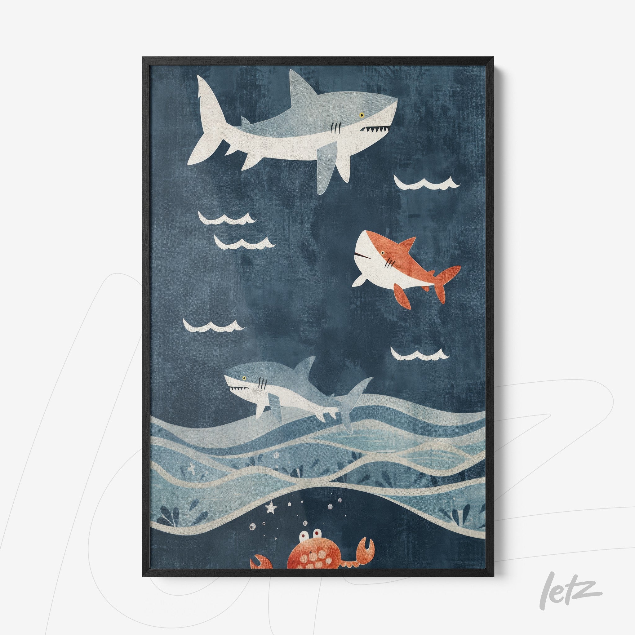 quadro com ilustração de tubarões nadando em água azul, com um caranguejo no fundo e ondas estilizadas, em moldura preta