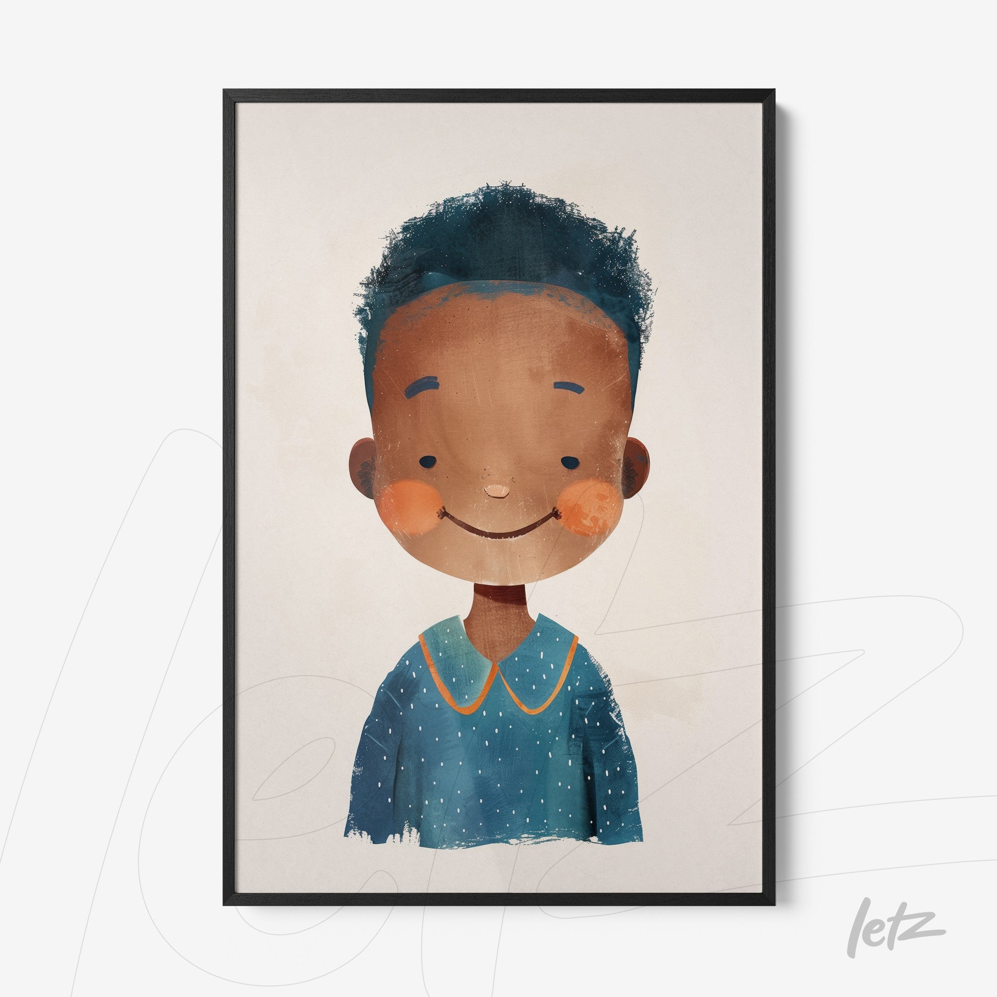 quadro com ilustração infantil de menino sorridente com cabelo cacheado e roupa azul em moldura preta
