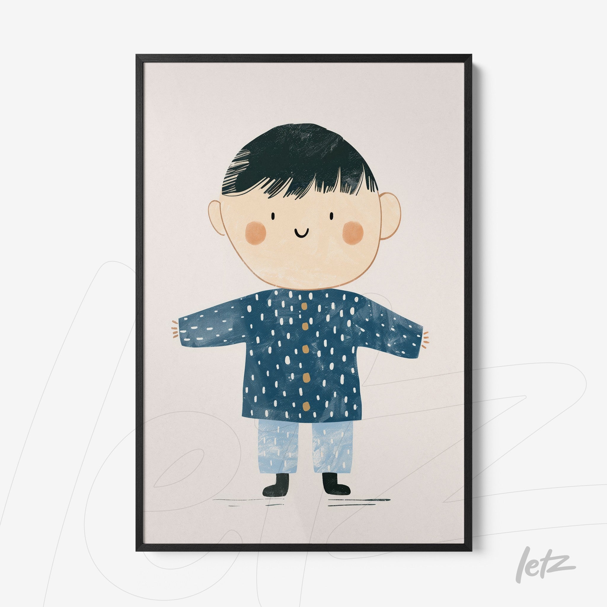 quadro com ilustração infantil de menino sorridente vestindo casaco azul e calças claras em moldura preta