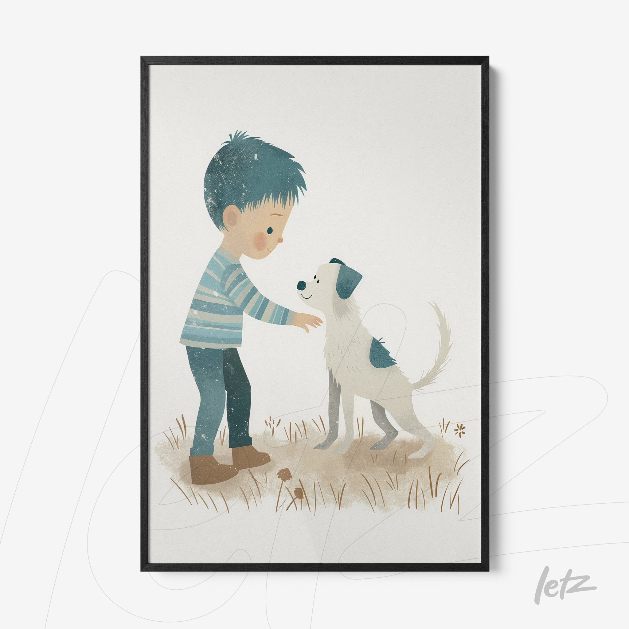 quadro com ilustração infantil de garoto acariciando um cachorro em moldura preta fina
