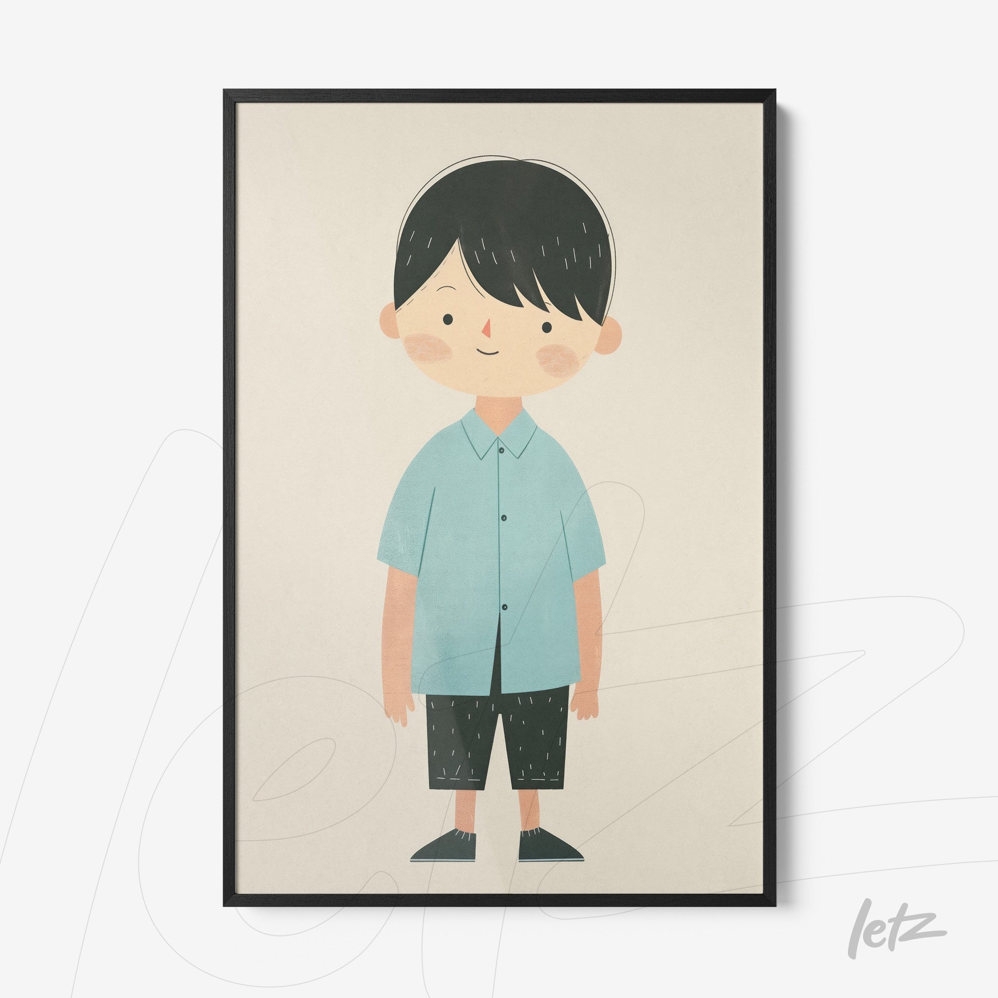 quadro com ilustração infantil de menino sorridente, vestindo camisa azul e calças curtas, em moldura preta