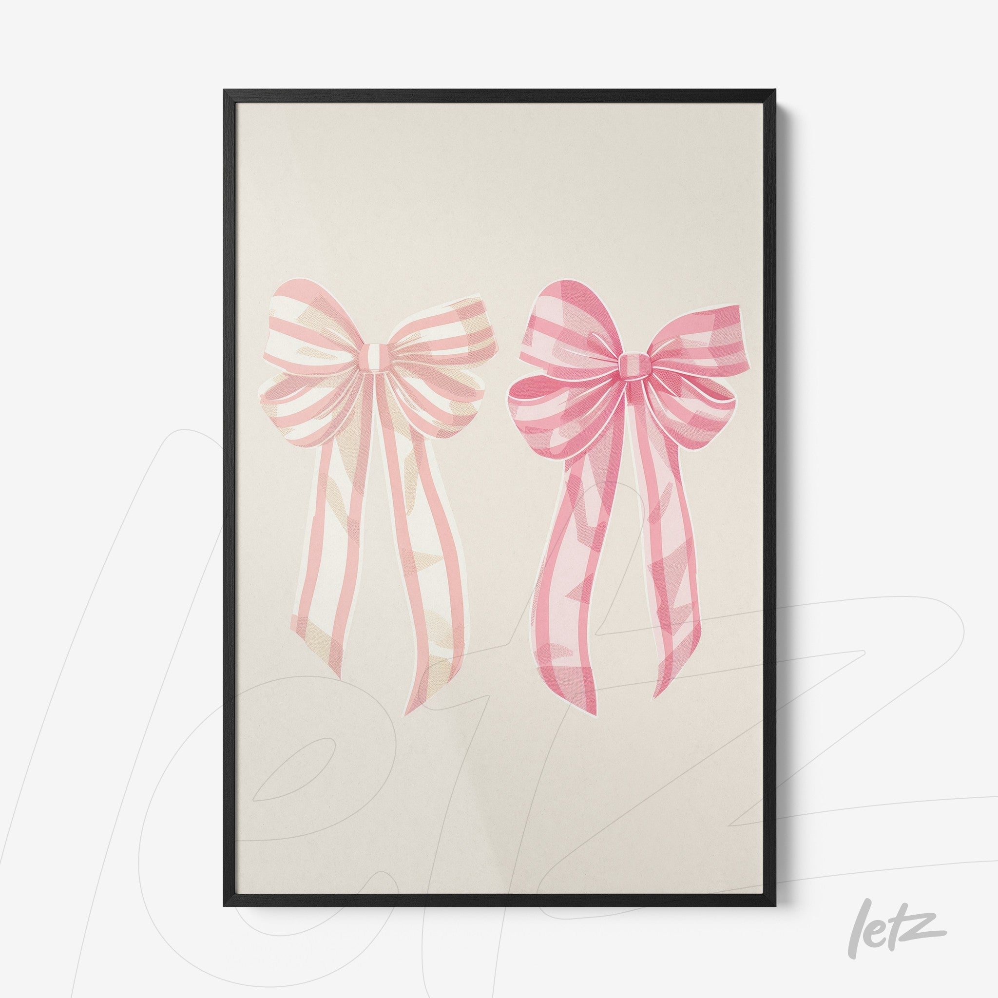 quadro decorativo com ilustração de laços em tons de rosa, exibido em moldura preta