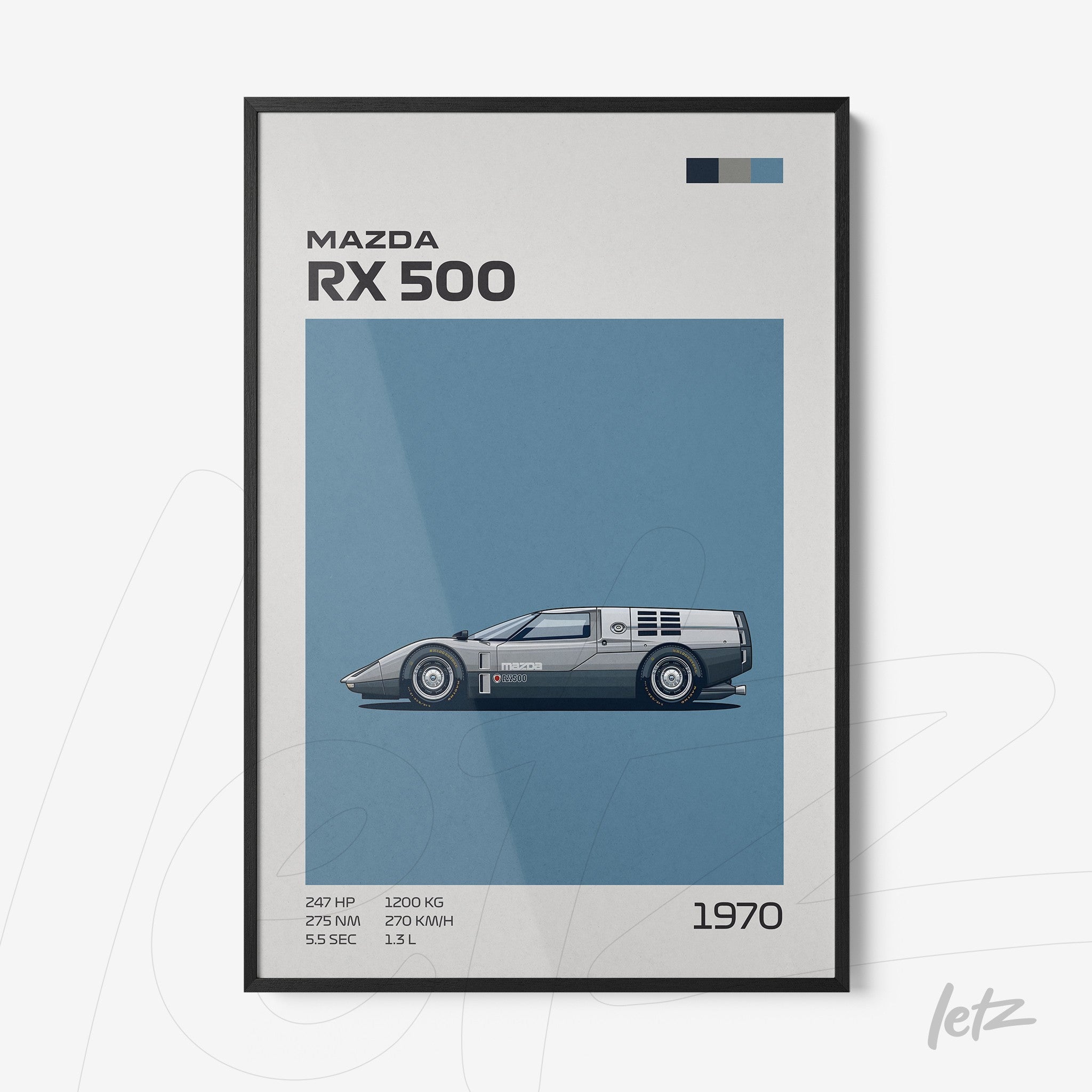quadro com ilustração minimalista do carro Mazda RX 500 em moldura preta