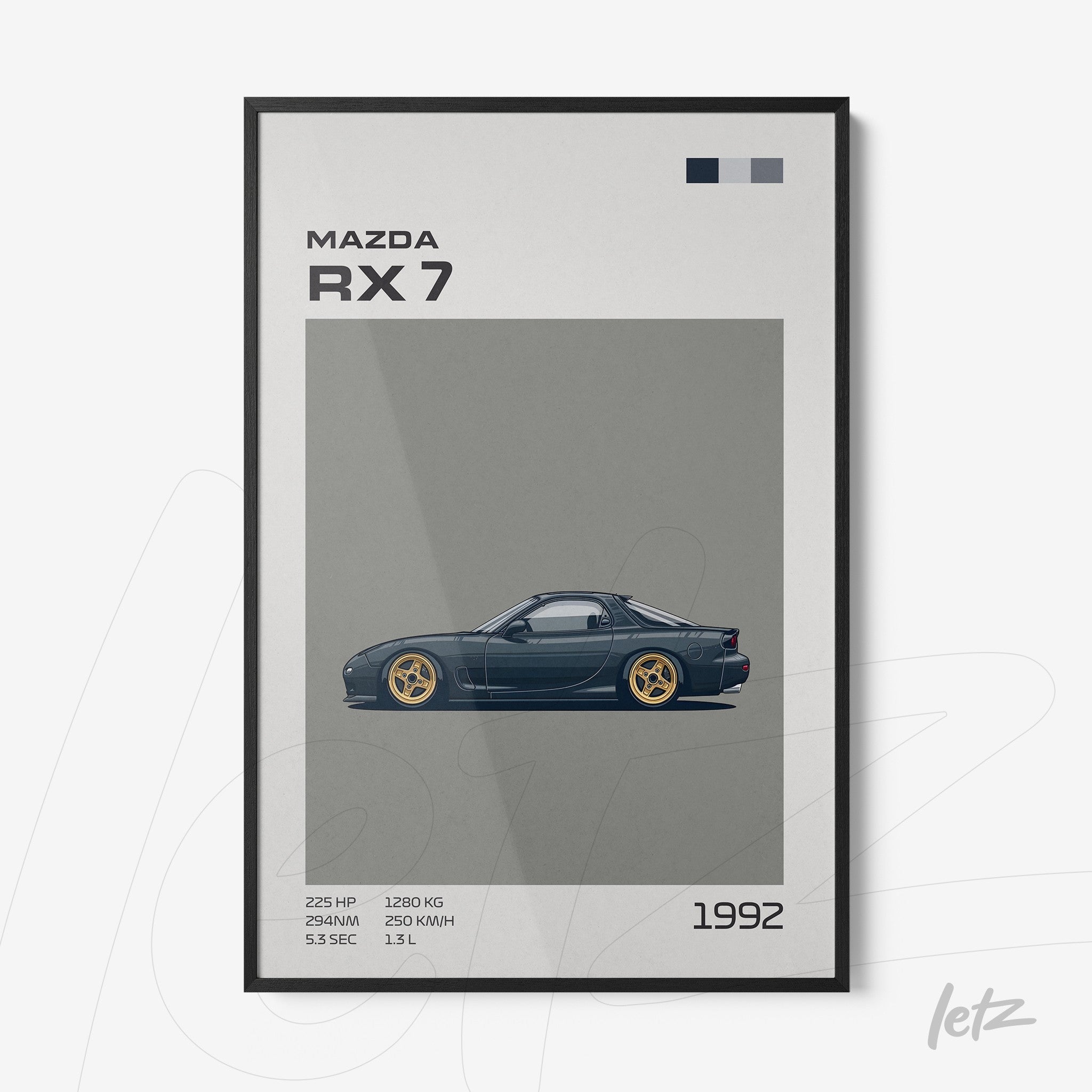 quadro com arte digital do carro Mazda RX-7 em moldura preta