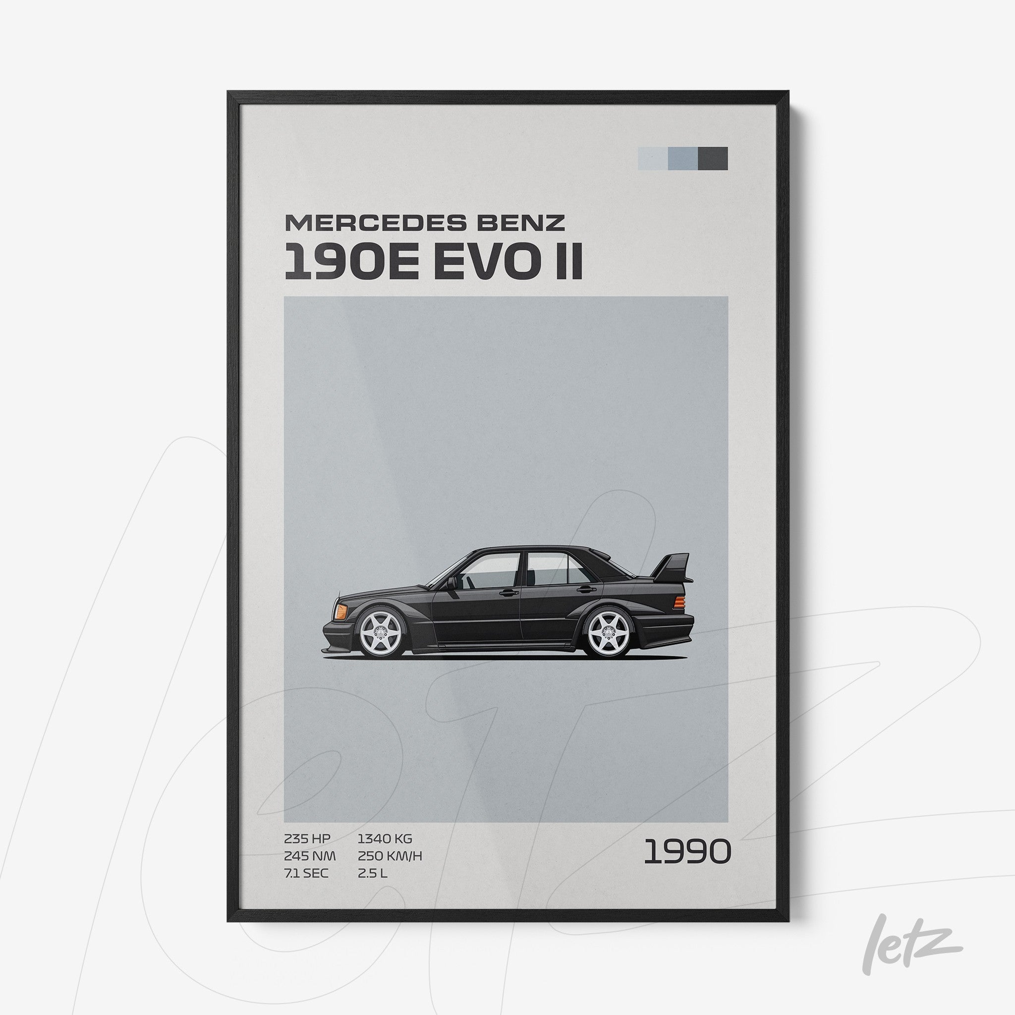 quadro com ilustração do carro Mercedes Benz 190E EVO II em moldura preta com fundo cinza