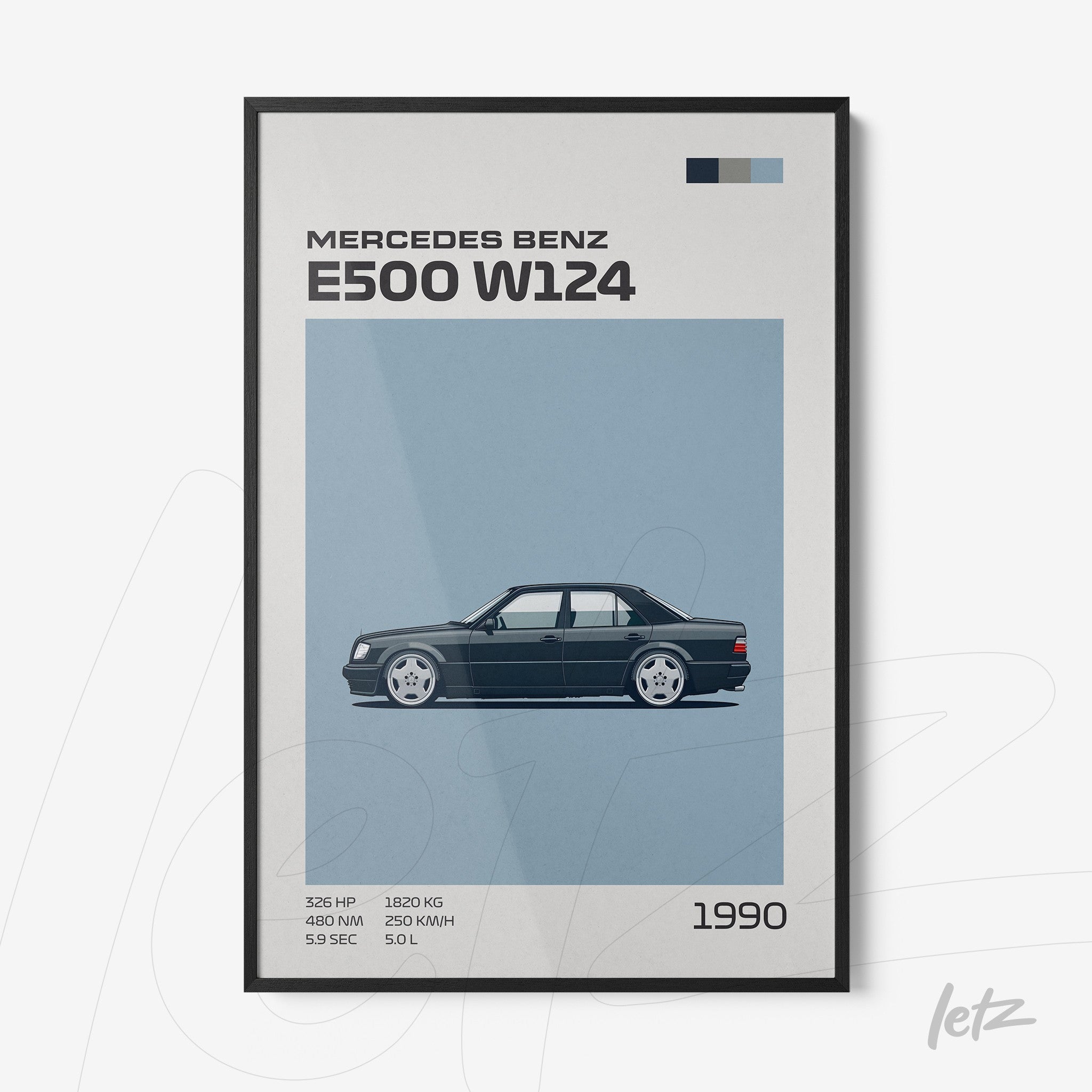 quadro com ilustração minimalista do carro Mercedes Benz E500 W124 em fundo azul