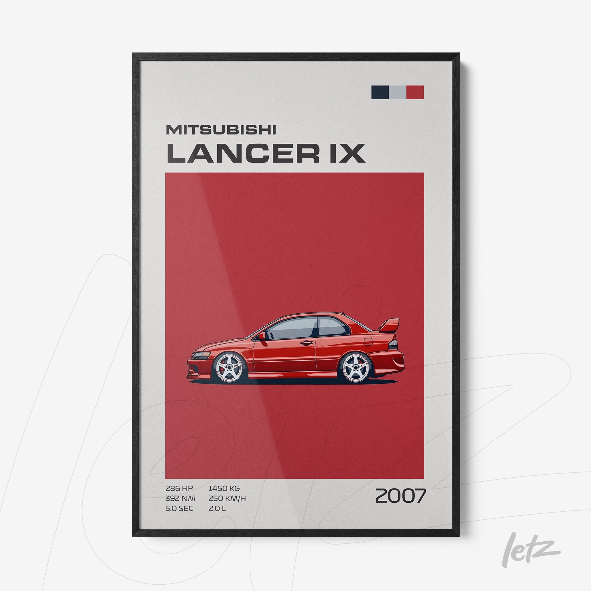 quadro com arte minimalista do carro Mitsubishi Lancer IX em fundo vermelho com moldura preta