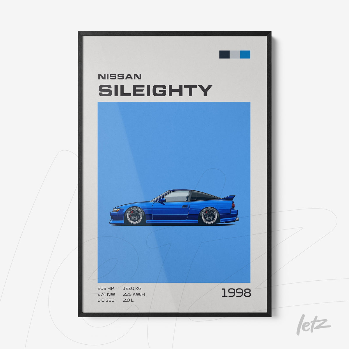 quadro com arte digital de carro Nissan Sil80 em fundo azul com detalhes em branco e moldura preta