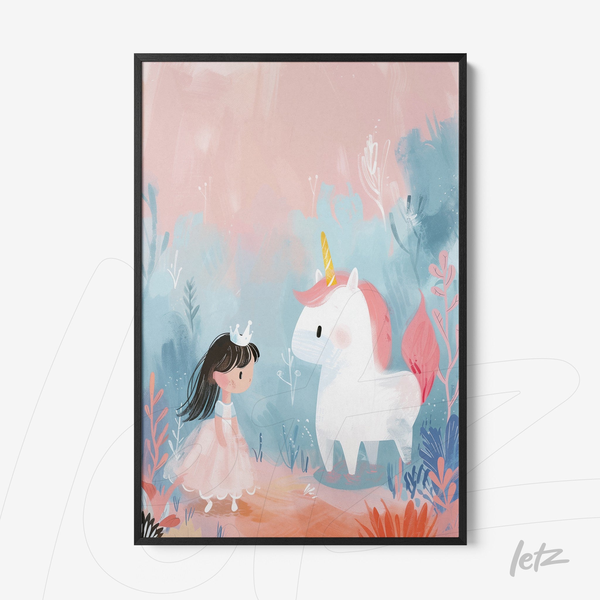 quadro com ilustração infantil de menina com coroa e unicórnio em tons pastel, moldura preta