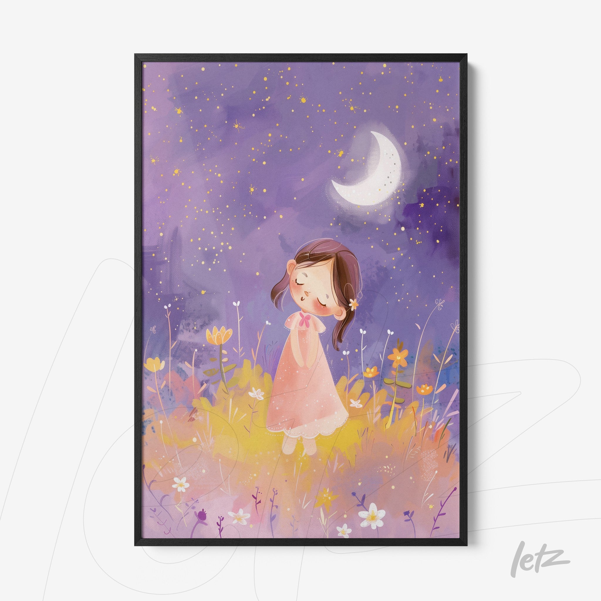 quadro com ilustração infantil de menina em vestido rosa, em campo florido sob céu estrelado com lua crescente, moldura preta