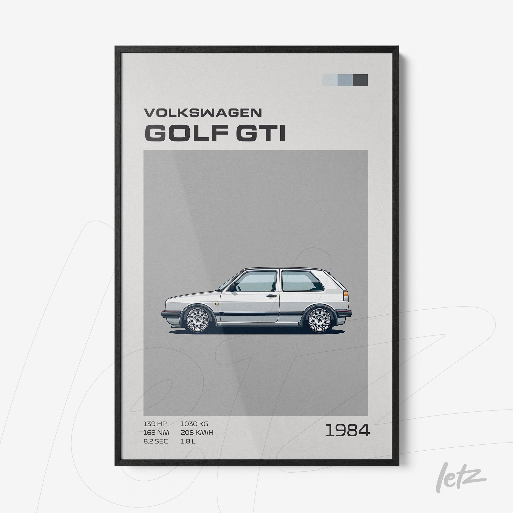 quadro decorativo ilustrativo do carro Volkswagen Golf GTI em moldura preta