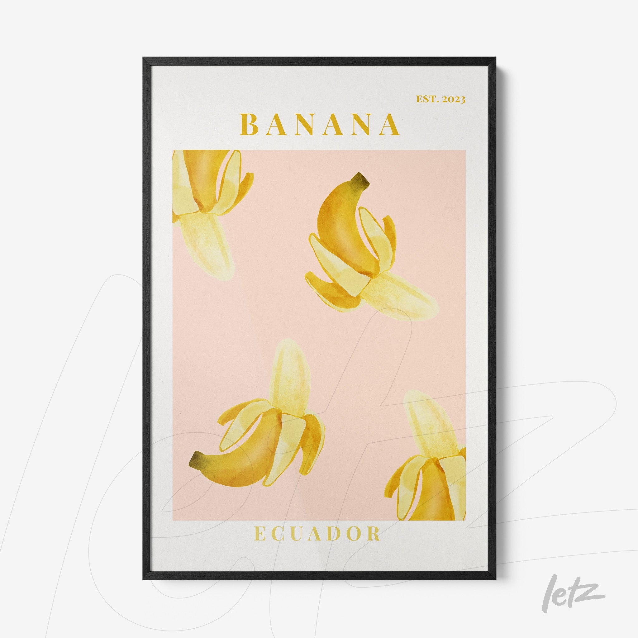 quadro com arte de bananas em fundo rosa com moldura preta