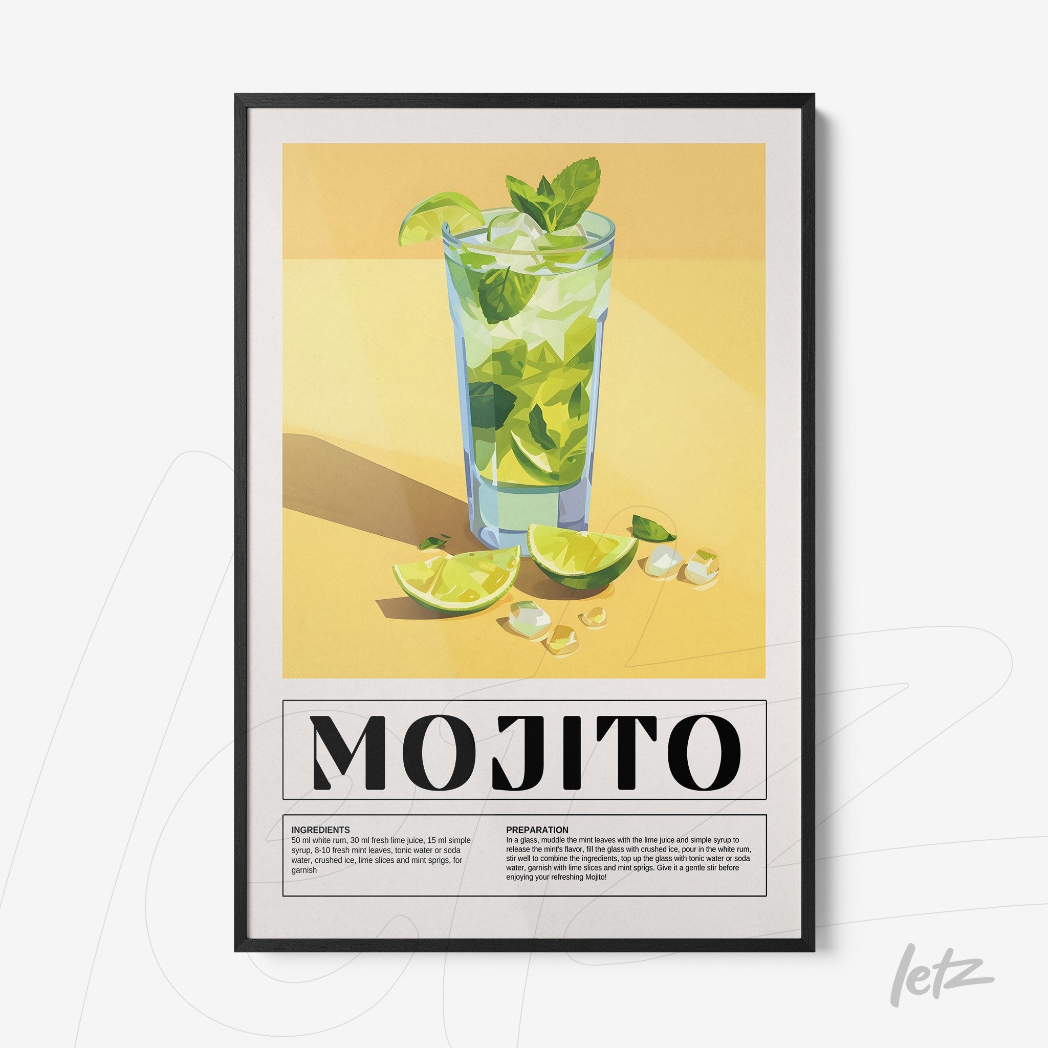 quadro com arte colorida de mojito em moldura preta fina, com fundo amarelo e detalhes em verde e branco