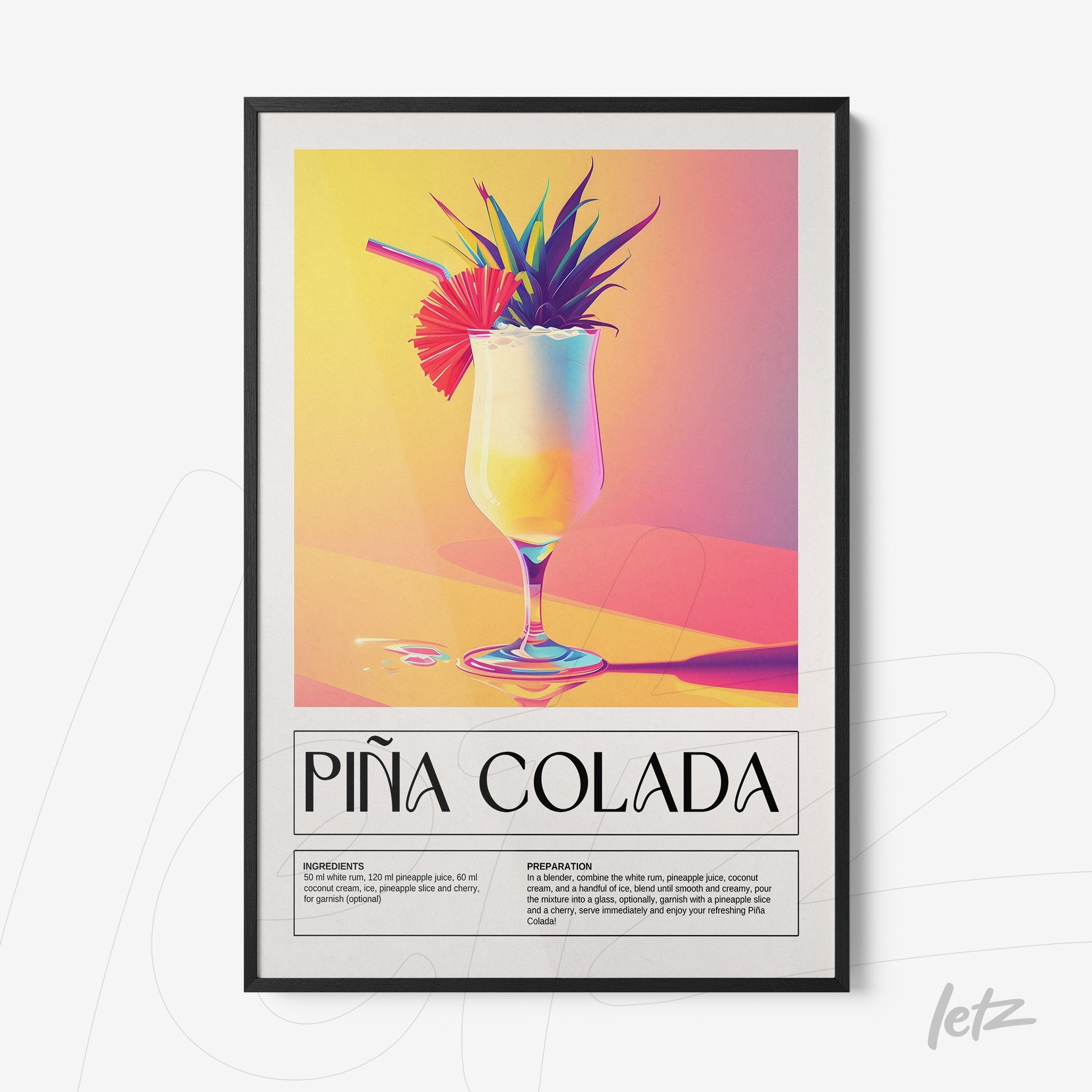 quadro com arte do drink piña colada em moldura preta fina e fundo colorido com iluminação suave