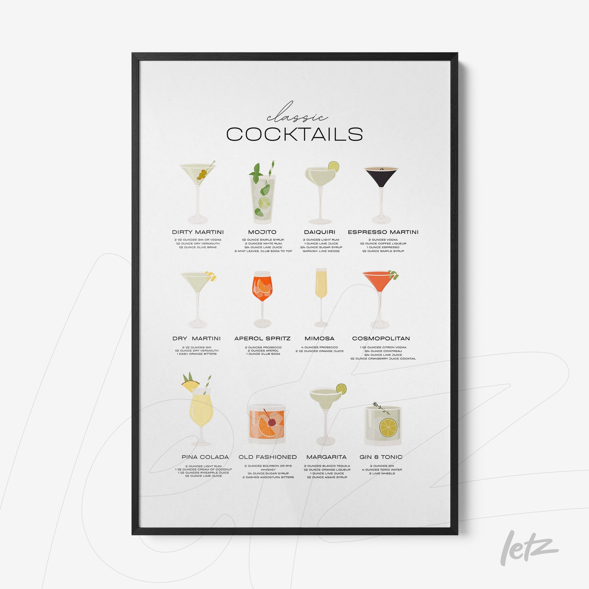 quadro com ilustrações de drinks clássicos em moldura preta, apresentando diversas receitas em fundo branco