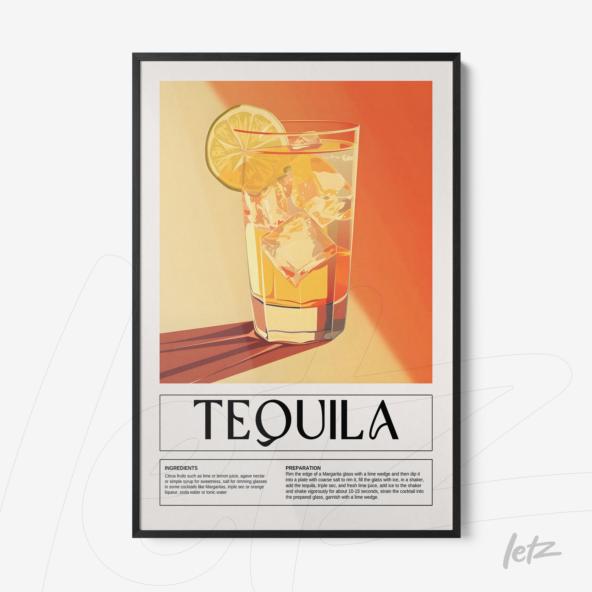 quadro com arte gráfica de drink tequila em moldura preta com fundo gradual em tons quentes