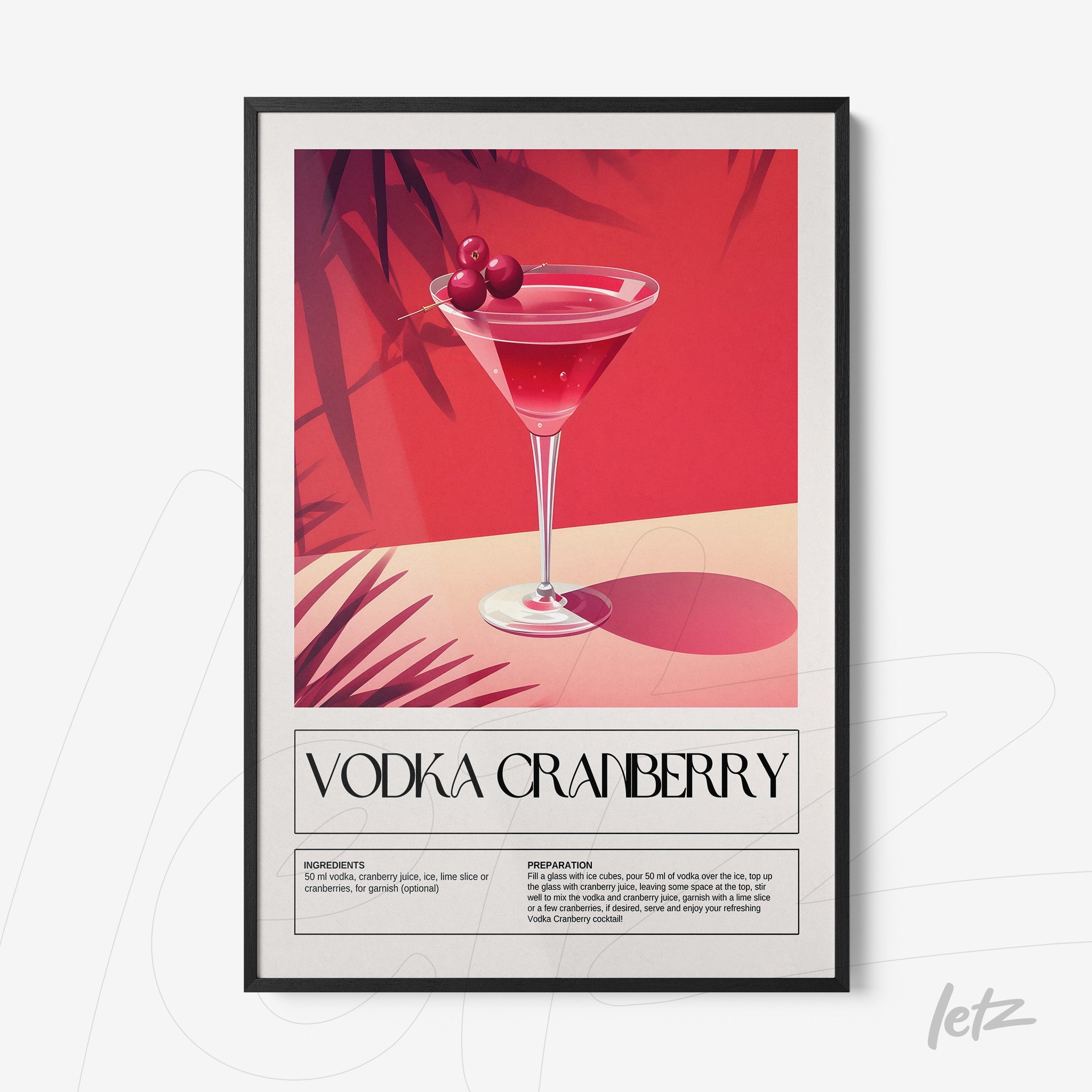 quadro com arte retrô de drink vodca cranberry em moldura preta, com fundo rosa e elementos gráficos de folhas
