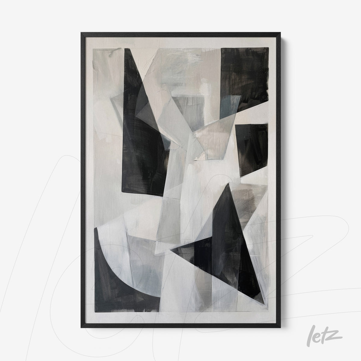 quadro abstrato em tons de preto e cinza com formas geométricas, moldura preta
